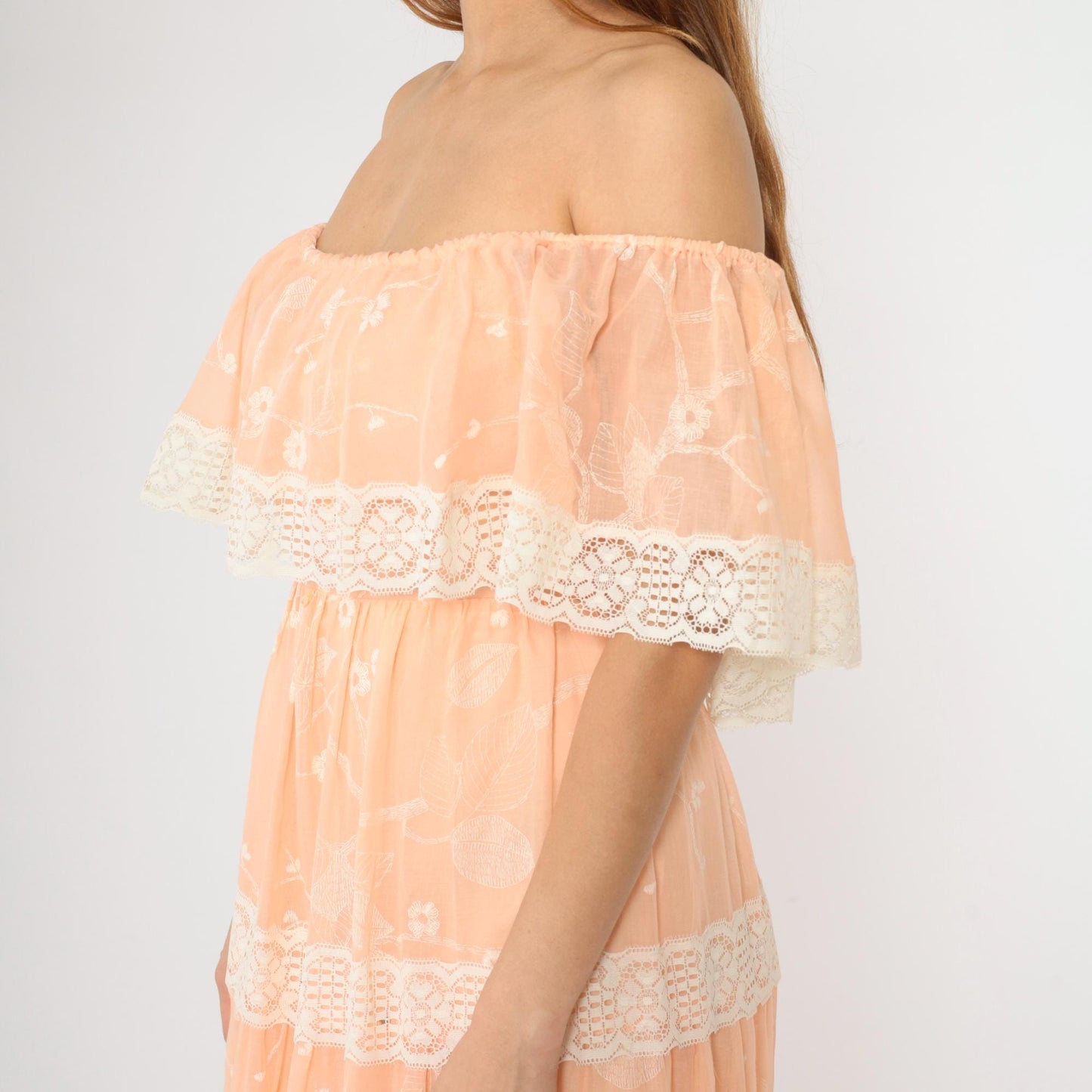 70s Peach Floral Off-Shoulder Maxi Dress Lace Tiered Peasant Small