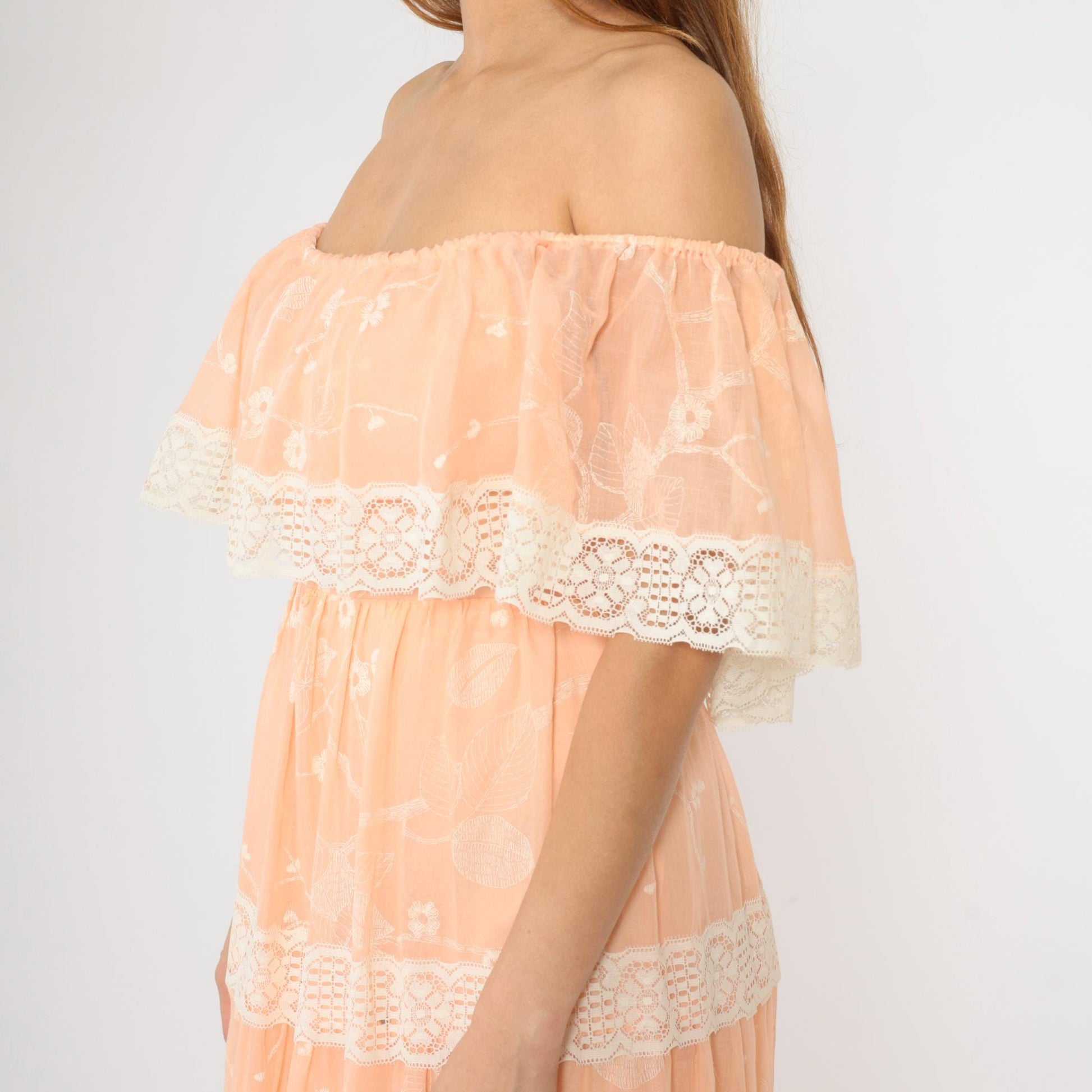 70s Peach Floral Off-Shoulder Maxi Dress Lace Tiered Peasant Small