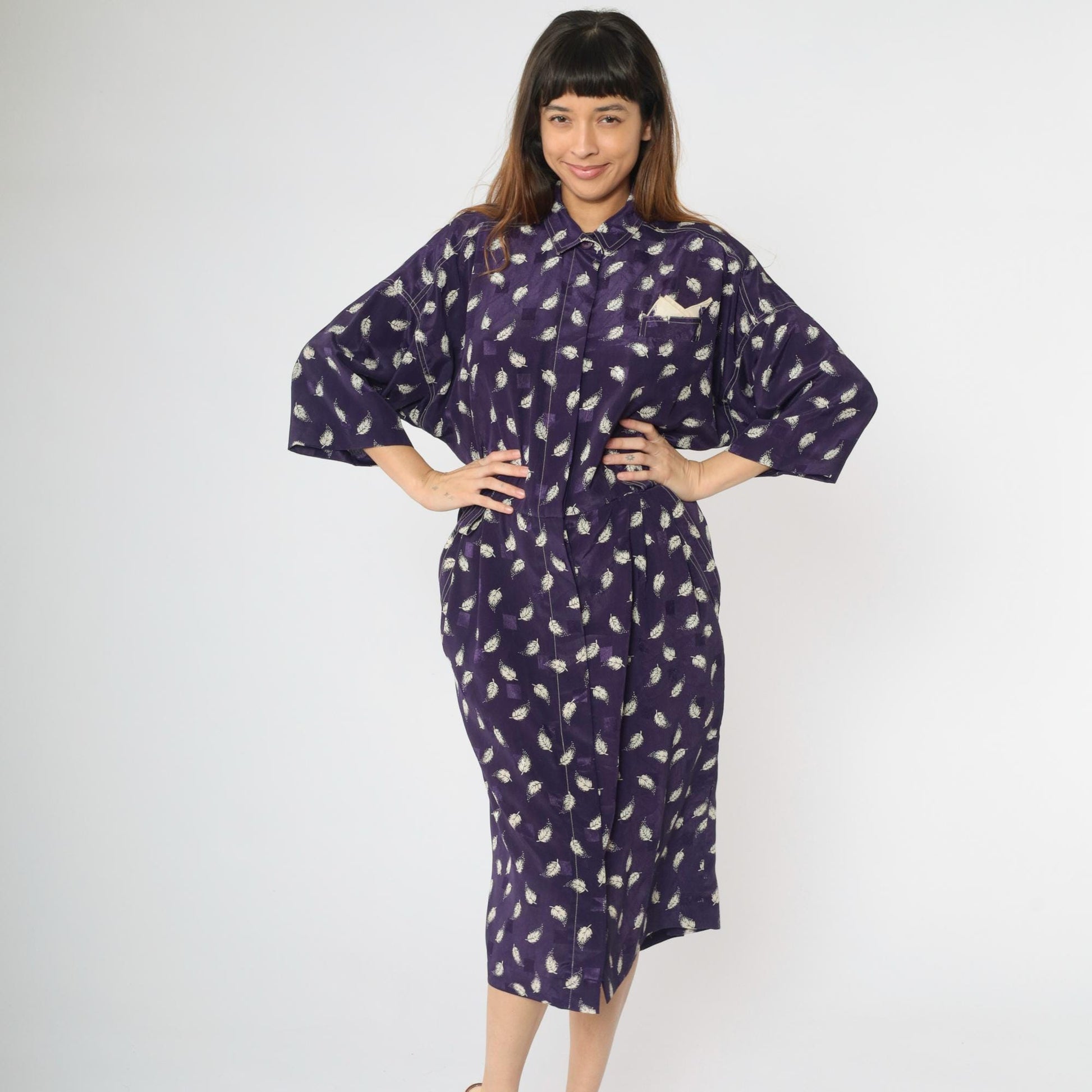 80s Leslie Fay Purple Leaf Embossed Grid Midi Shirtdress Large XL