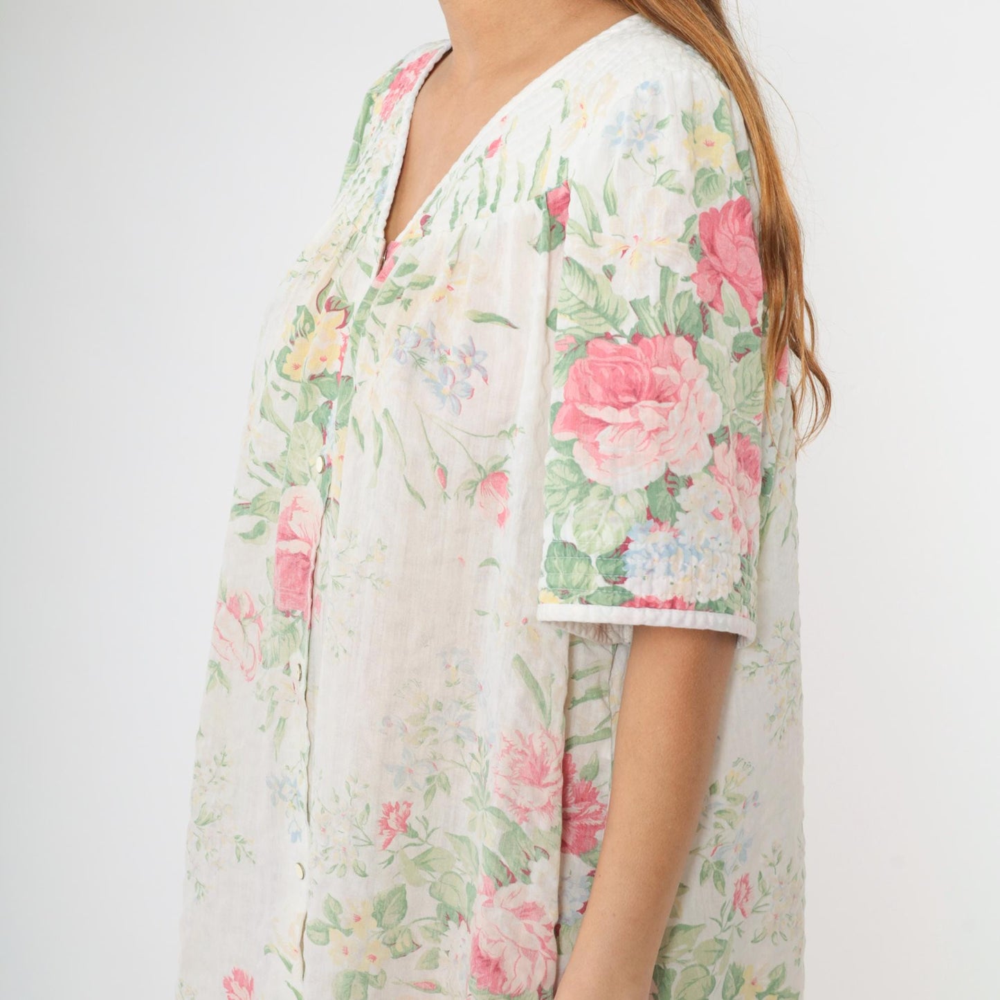 80s Floral Lounge Dress White Snap-Front Nightgown Pockets Extra Large