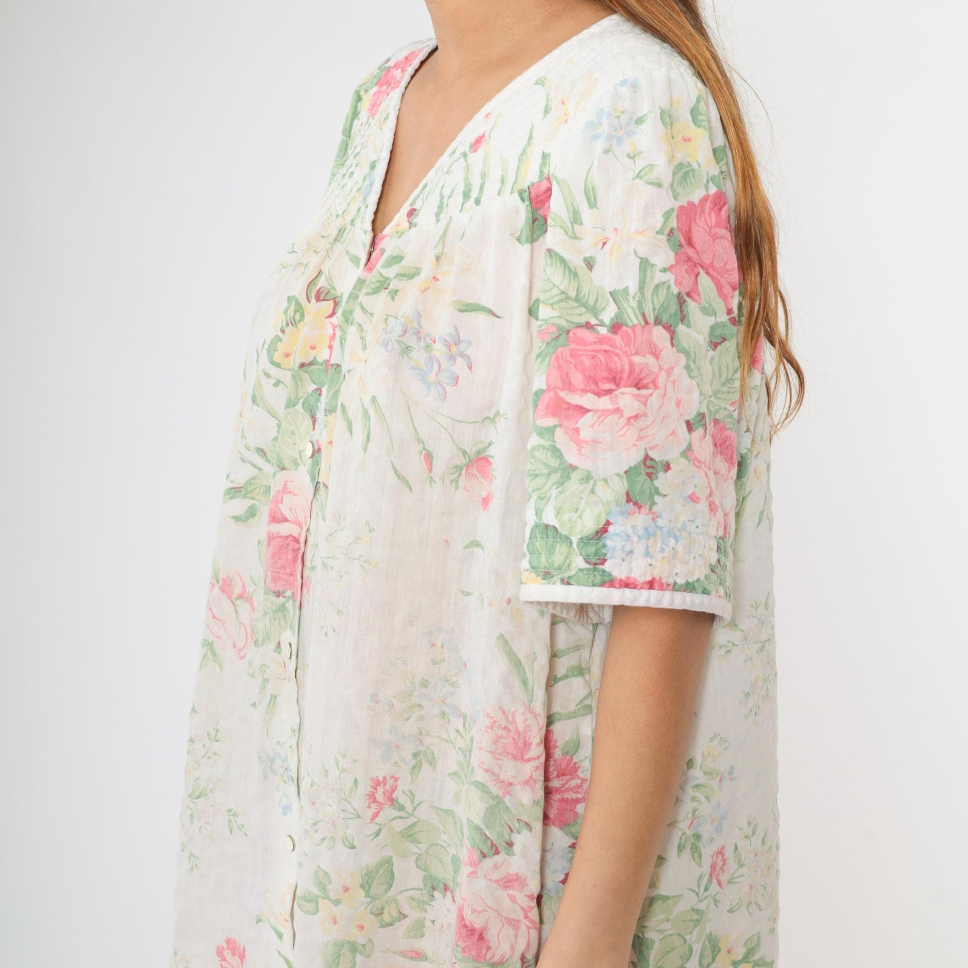 80s Floral Lounge Dress White Snap-Front Nightgown Pockets Extra Large
