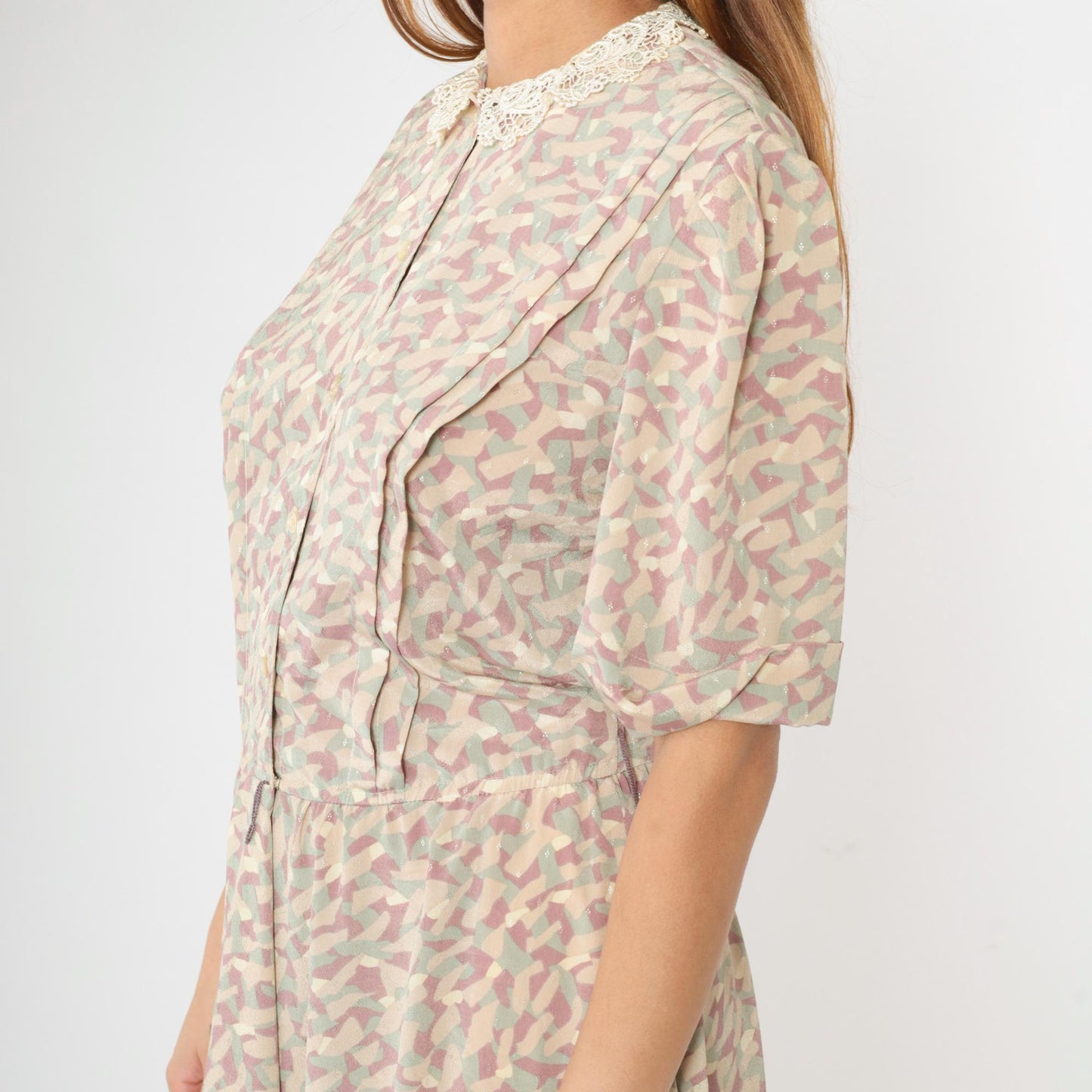 80s Jackie Taub Abstract Pastel Midi Dress Puff Sleeve Lace Collar Small