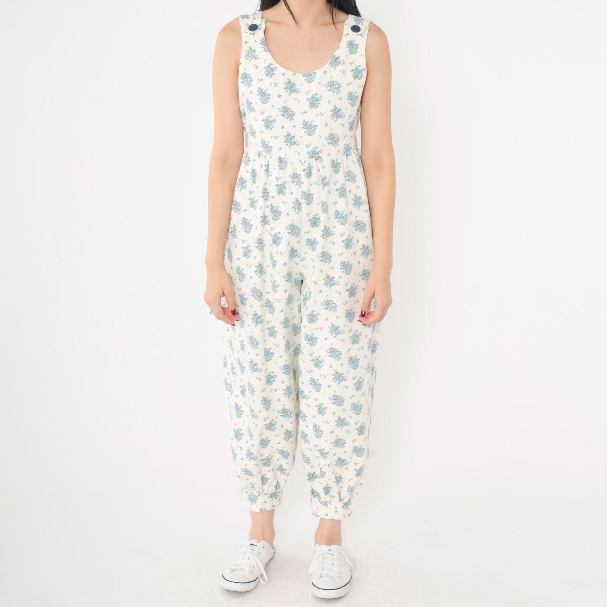 80s Floral Jumpsuit Off-White Blue Sleeveless Harem Tapered Ankle Extra Small