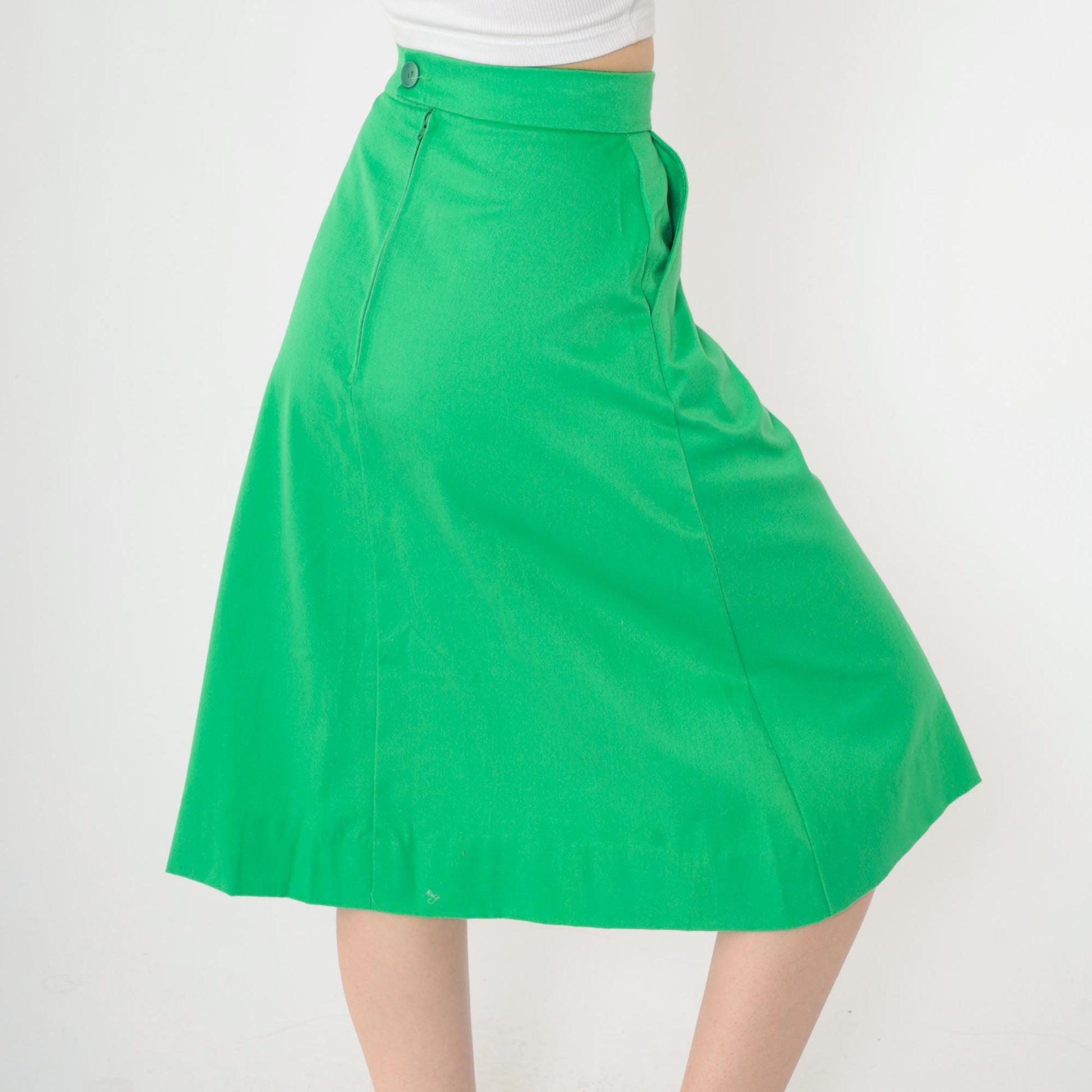1970s Girl Scouts Midi Skirt Green A-Line High Waist Pockets Extra Small