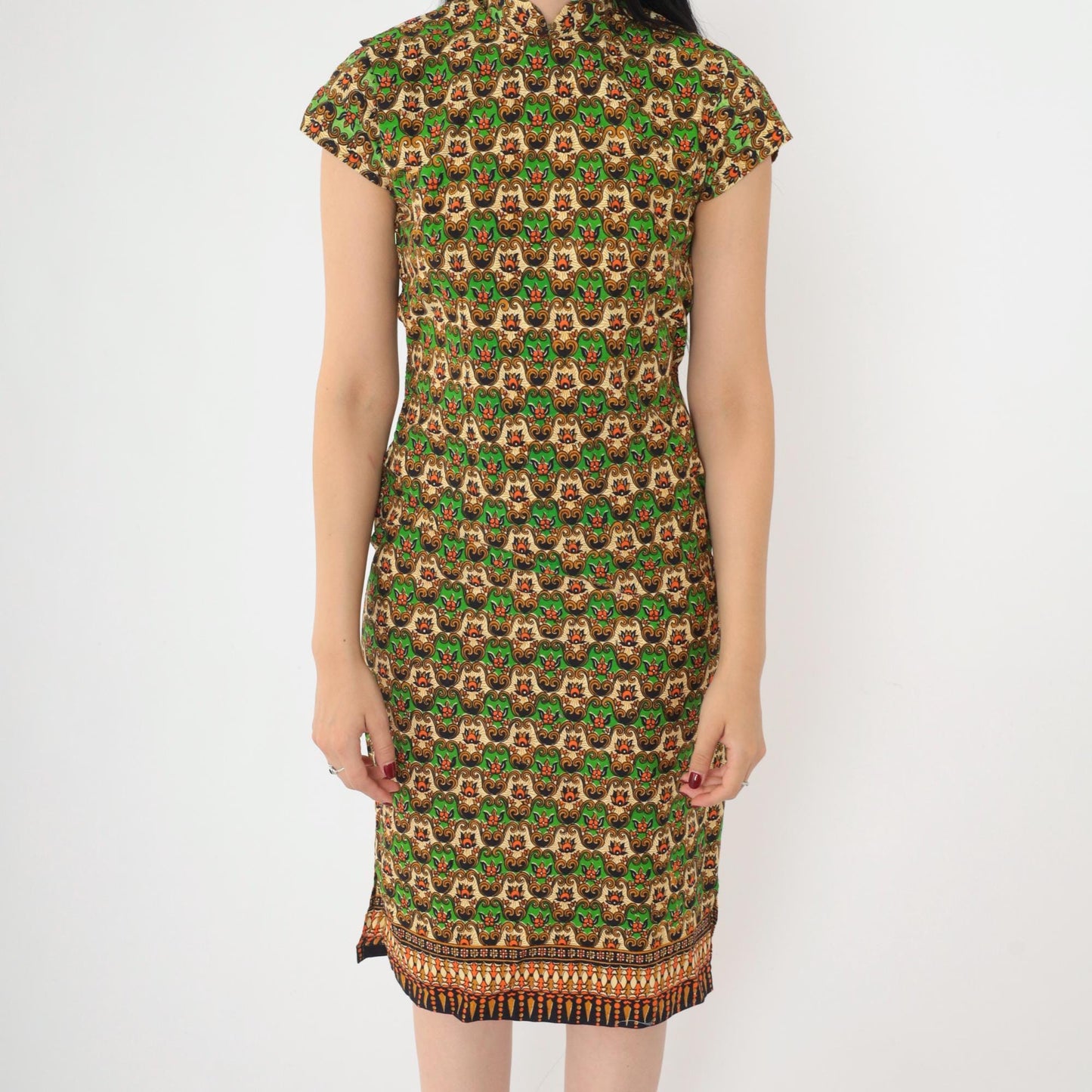 70s Cheongsam-Style Dress Green Batik Floral Print Mandarin Collar Midi XS