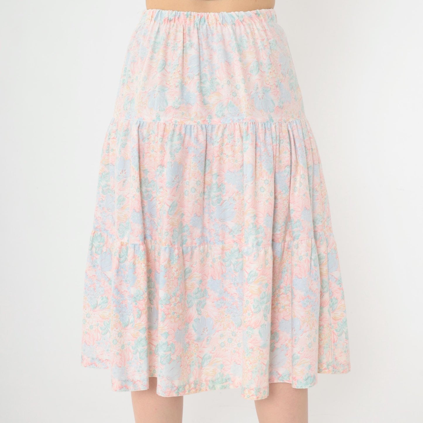 80s Pastel Floral Tiered Midi Skirt High Waist Pink Blue Small