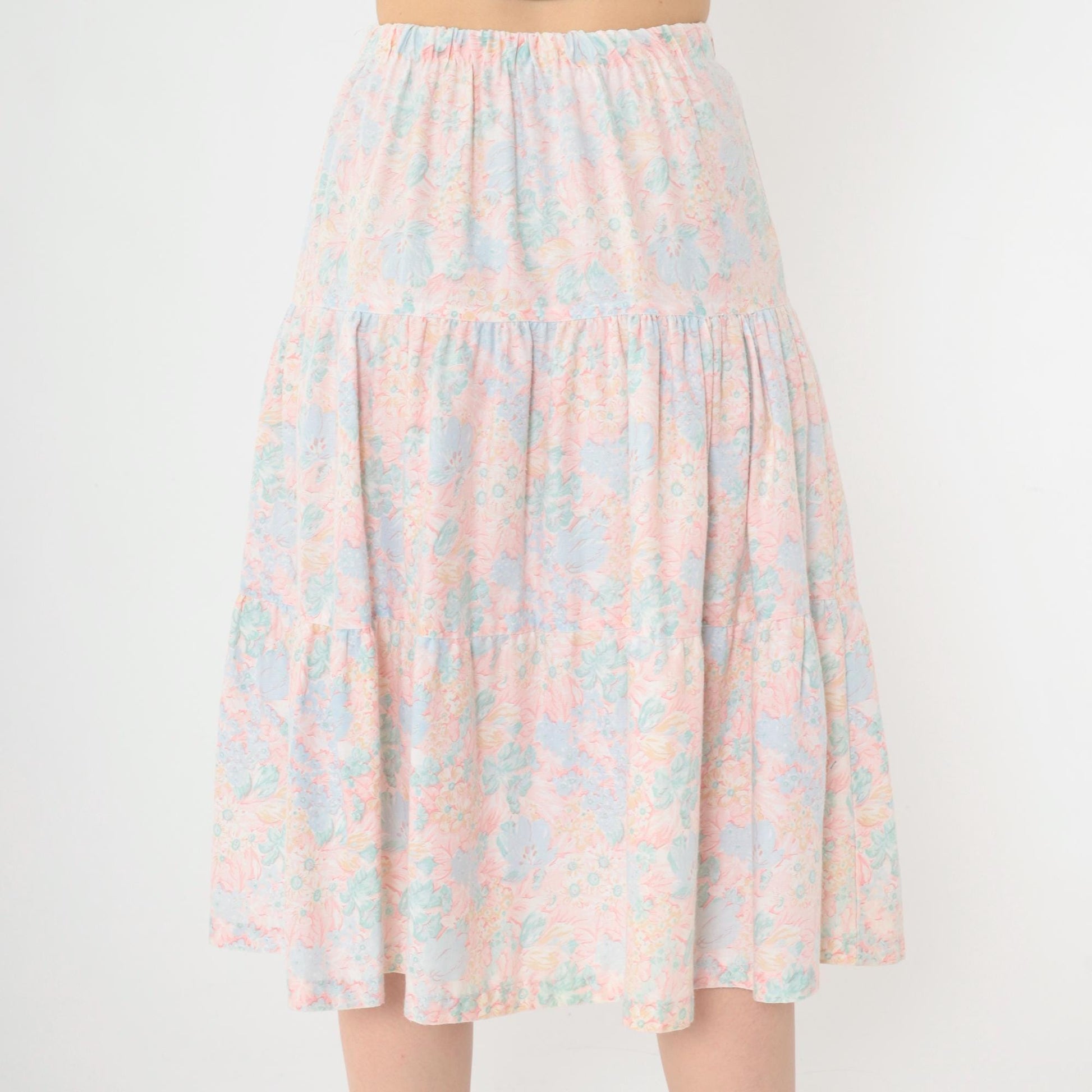 80s Pastel Floral Tiered Midi Skirt High Waist Pink Blue Small