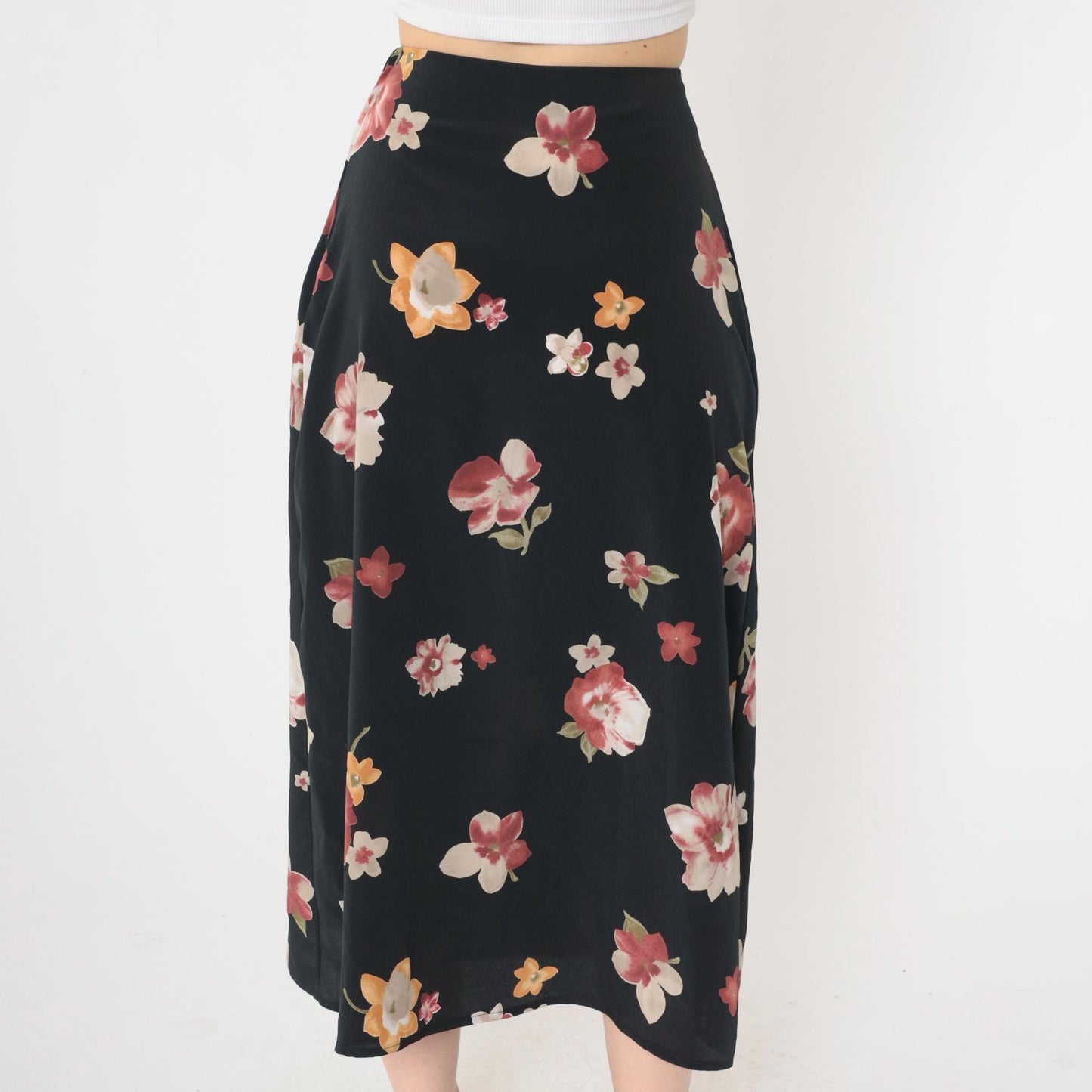90s Black Floral Midi Skirt Red Yellow Print High Waist Extra Small XS