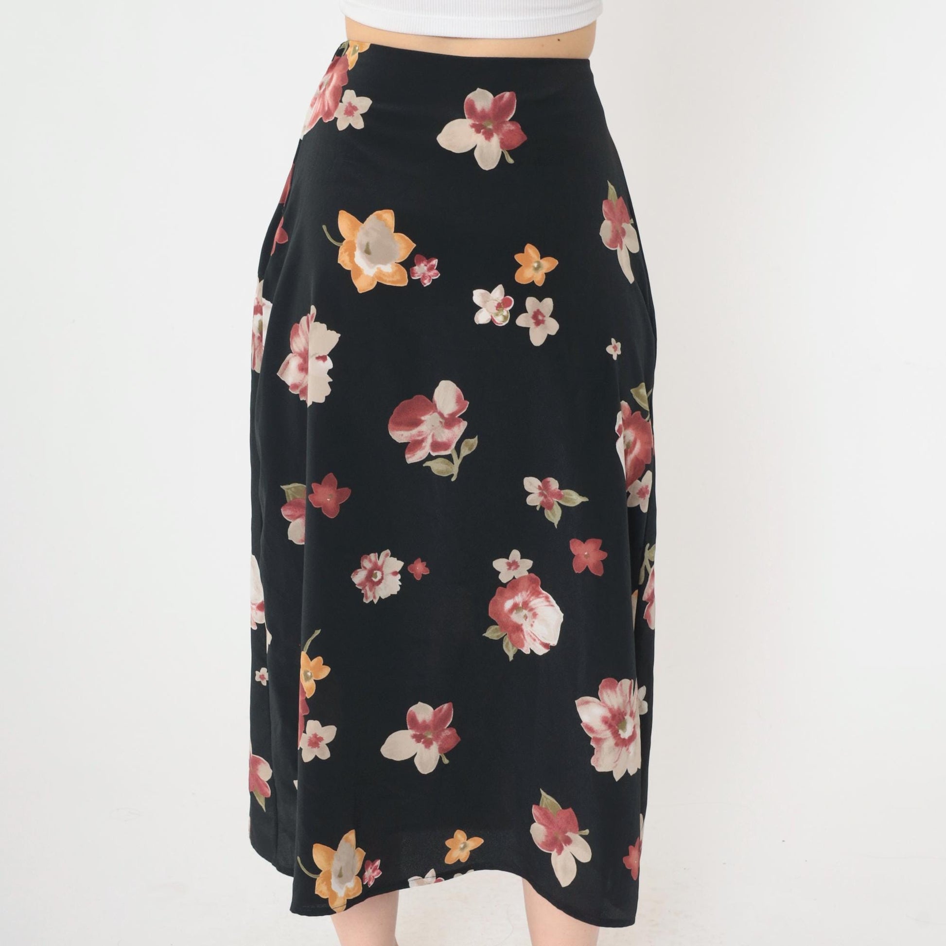 90s Black Floral Midi Skirt Red Yellow Print High Waist Extra Small XS