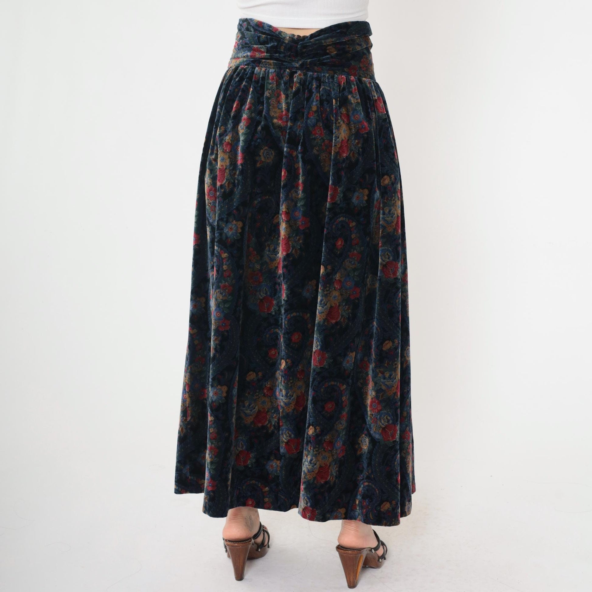 90s Floral Paisley Cotton Maxi Skirt Black Blue High Waist Small