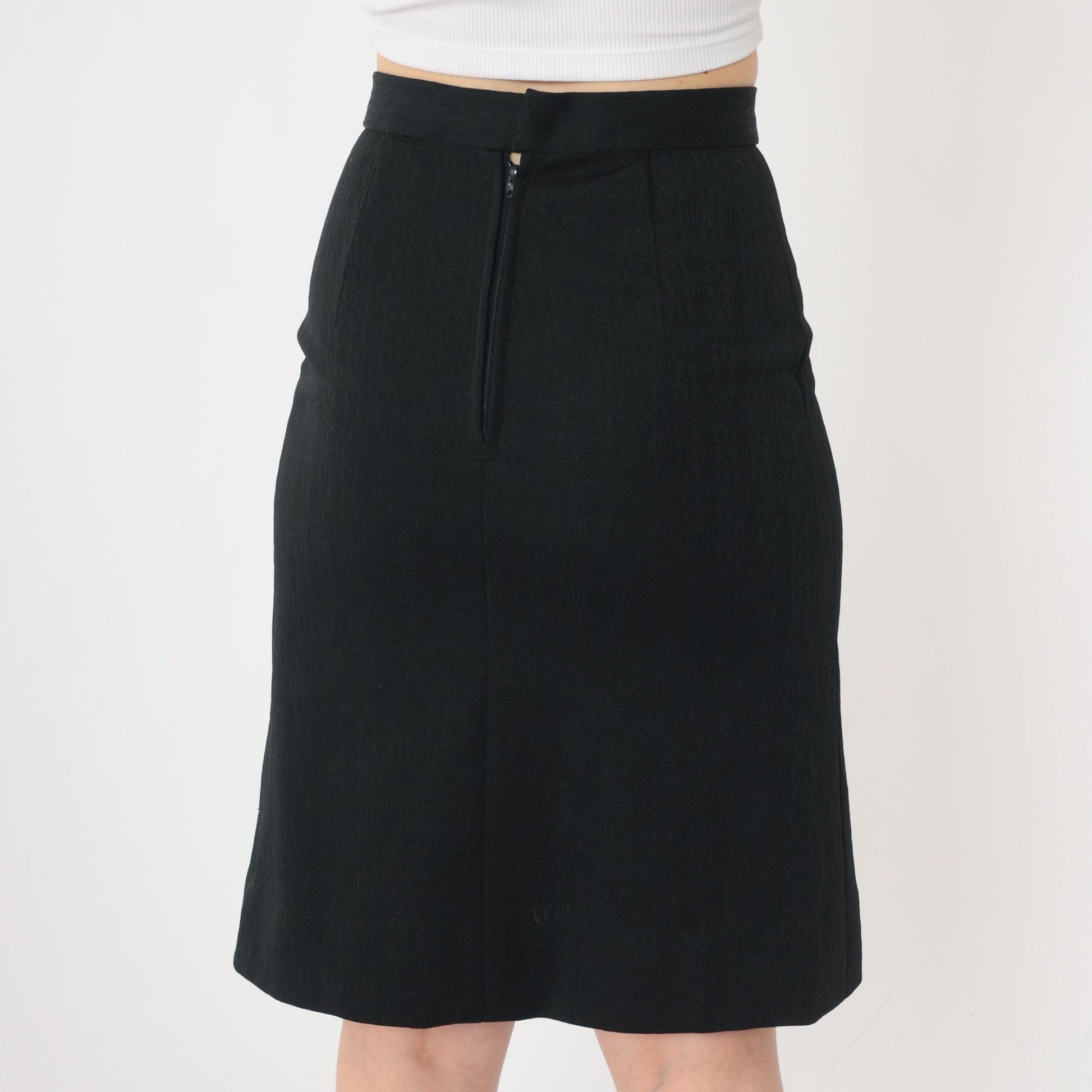 70s Black Geometric Textured Pencil Skirt High Waist Mini Extra Small