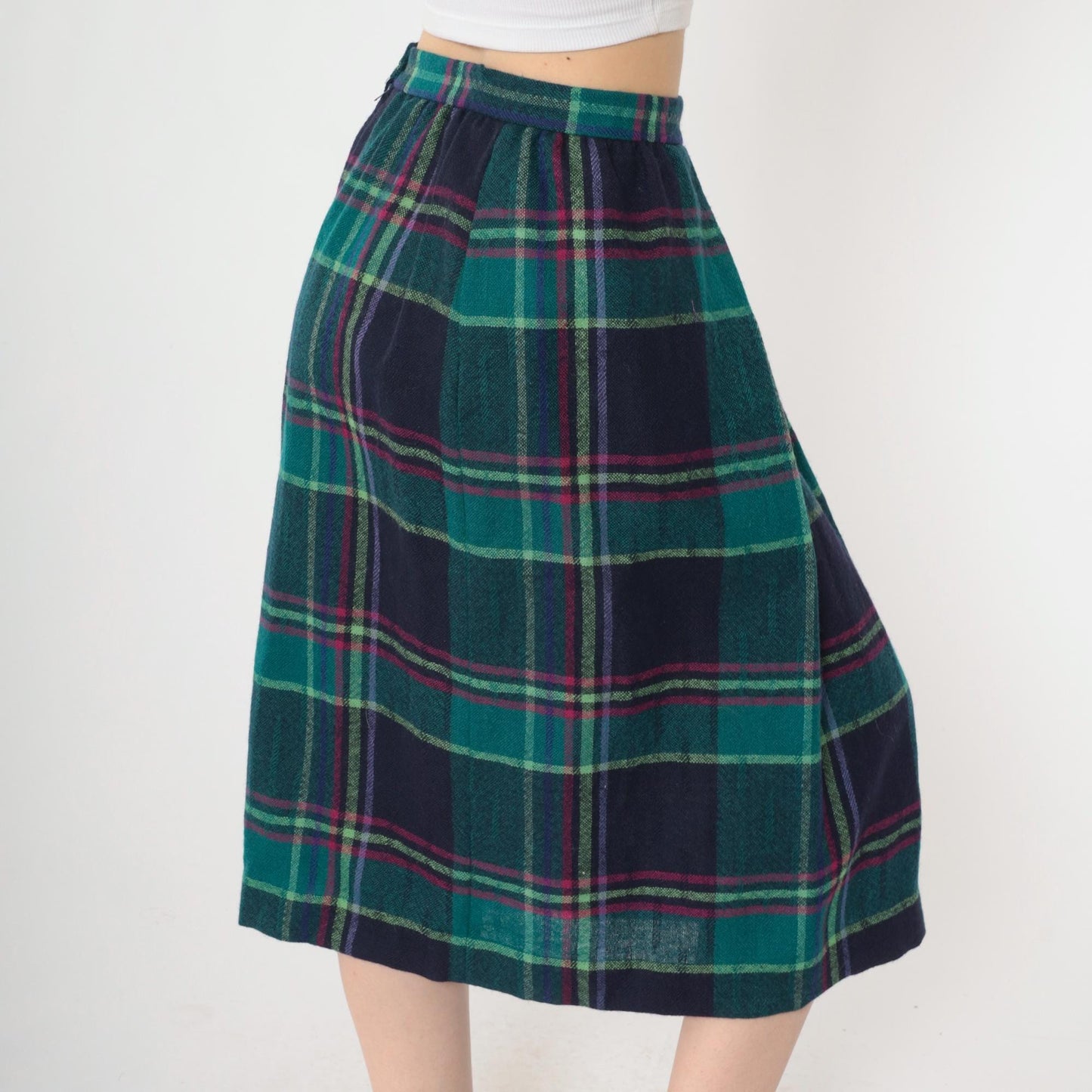 80s Jack Winter Pleated Plaid Wool Midi Skirt Teal Pink High Waist Small