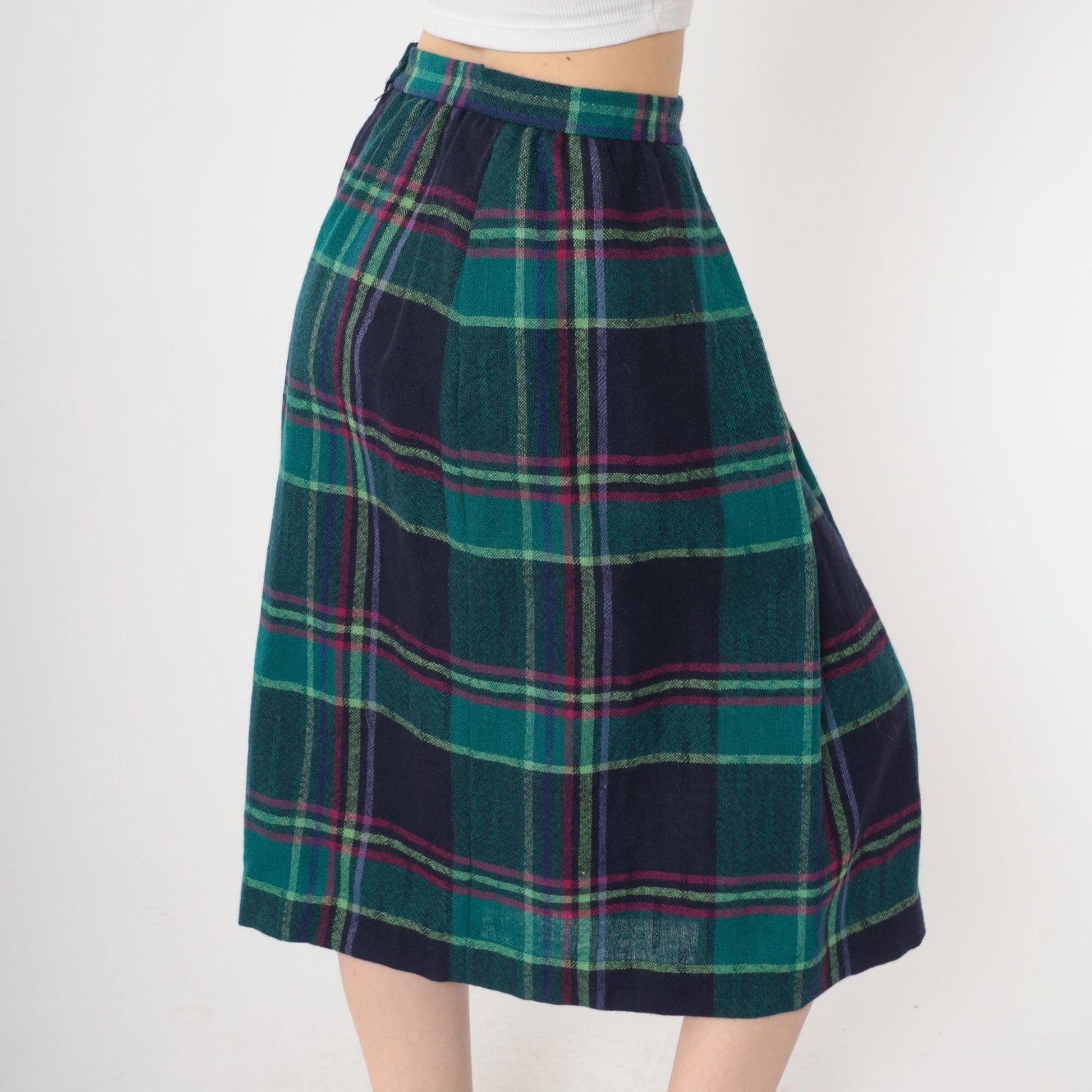 80s Jack Winter Pleated Plaid Wool Midi Skirt Teal Pink High Waist Small