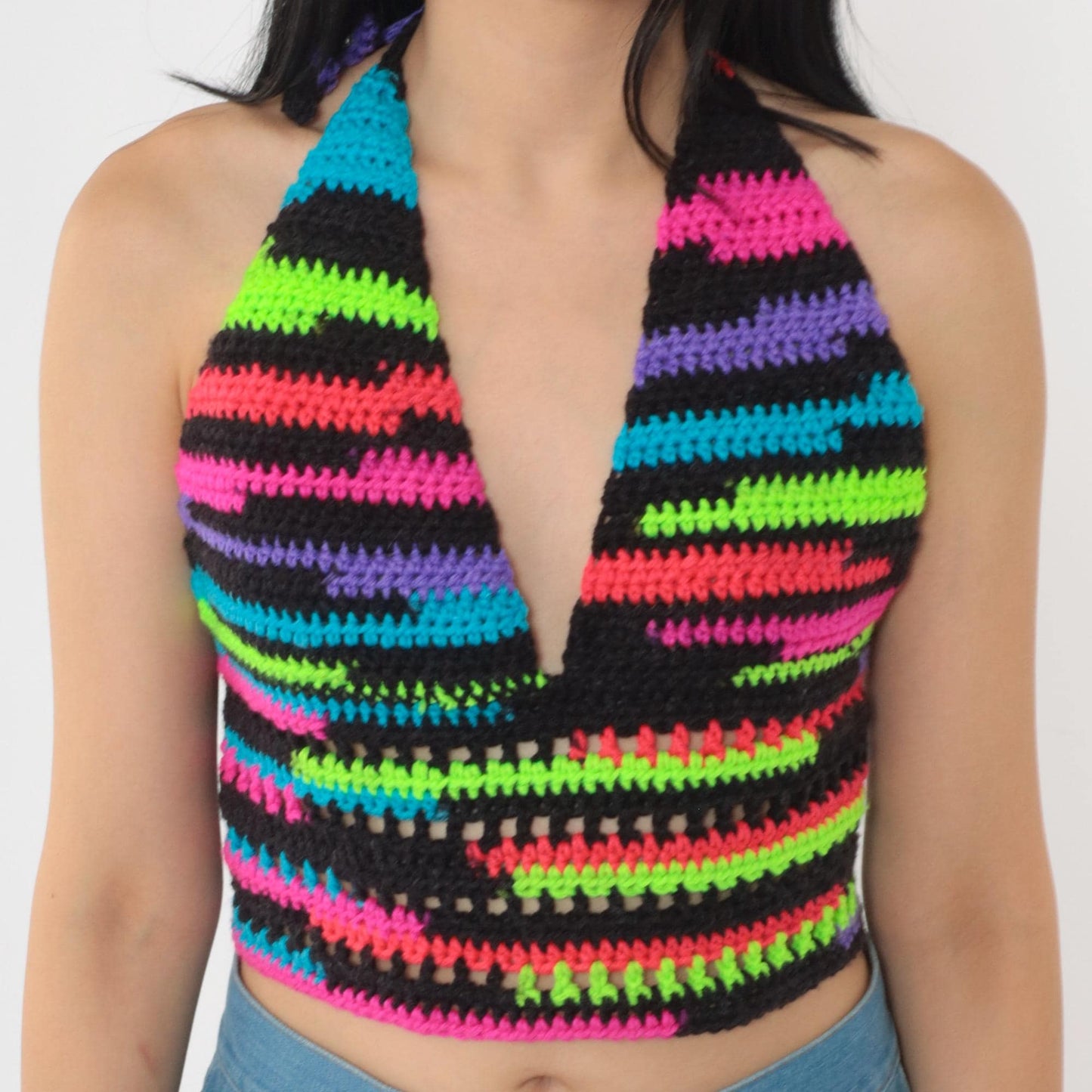 Y2K Neon Striped Crochet Halter Top Black V-Neck Tie-Back Small Medium