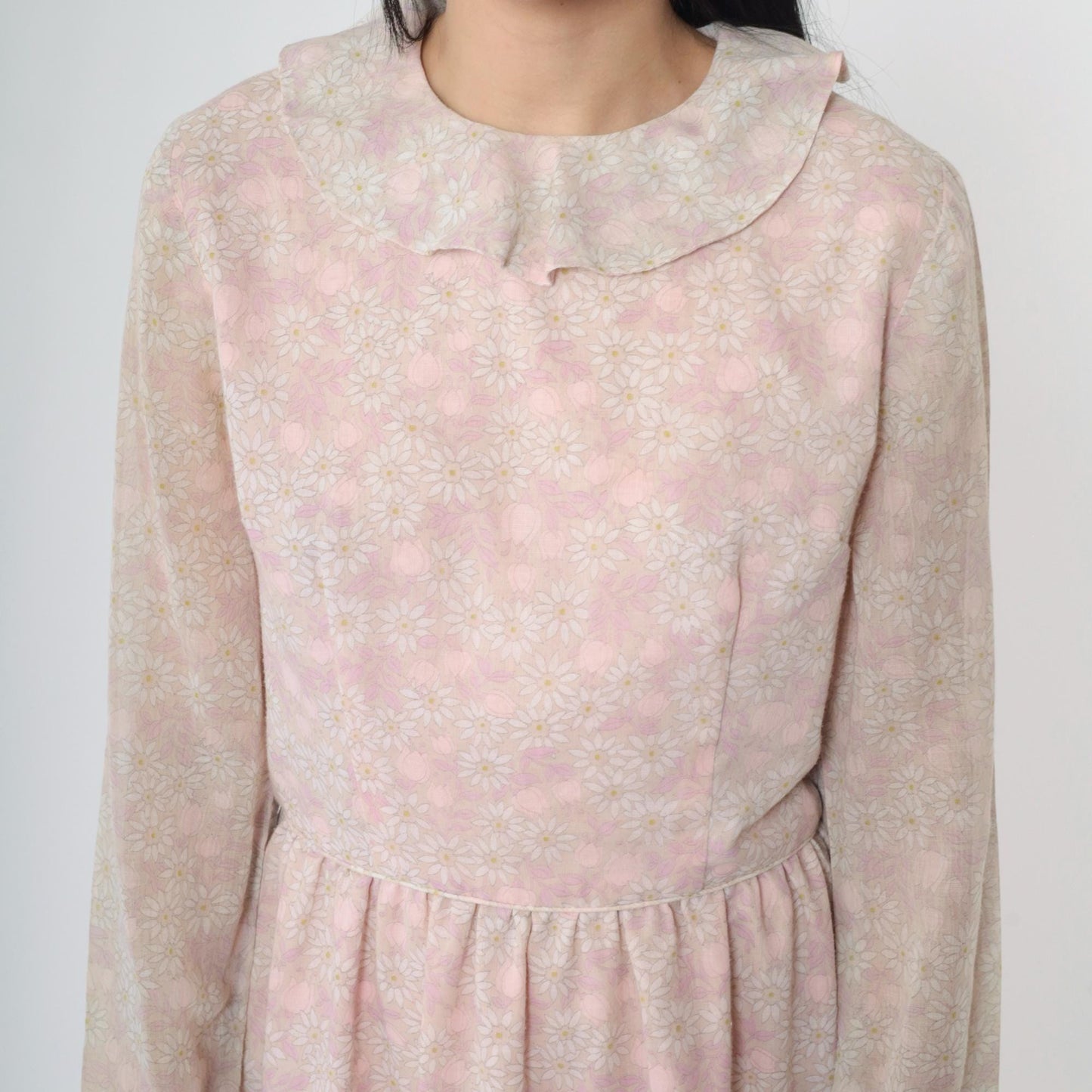 1960s Pink Floral Dress Sheer Bell Sleeve Ruffle Collar Knee Length Medium