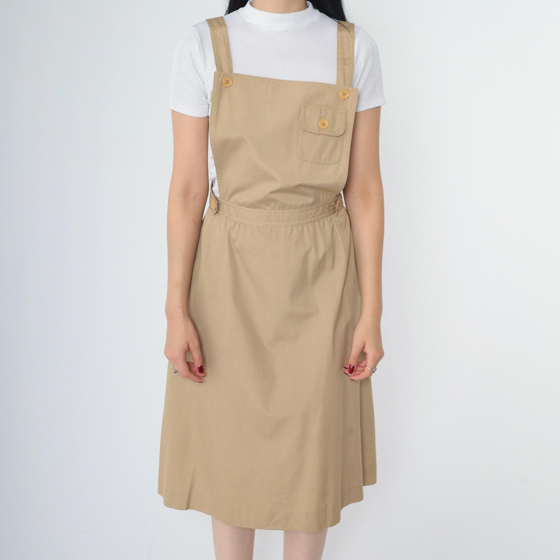 70s Khaki Midi Pinafore Dress High Waist Sleeveless Pockets Small