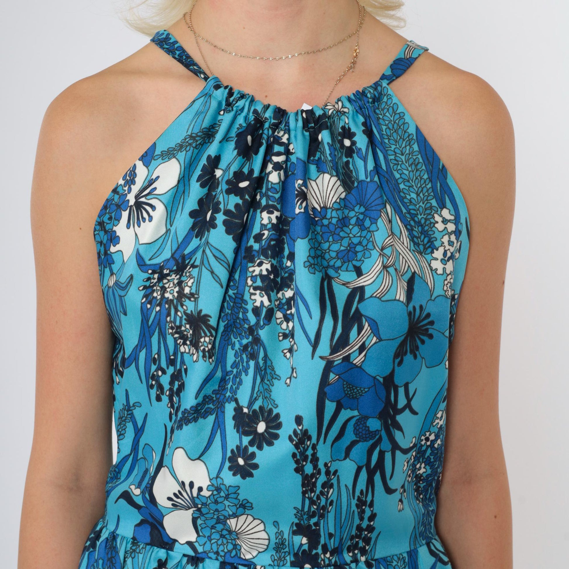 70s Blue Tropical Floral Halter Maxi Dress Deep V Back High Waist Small