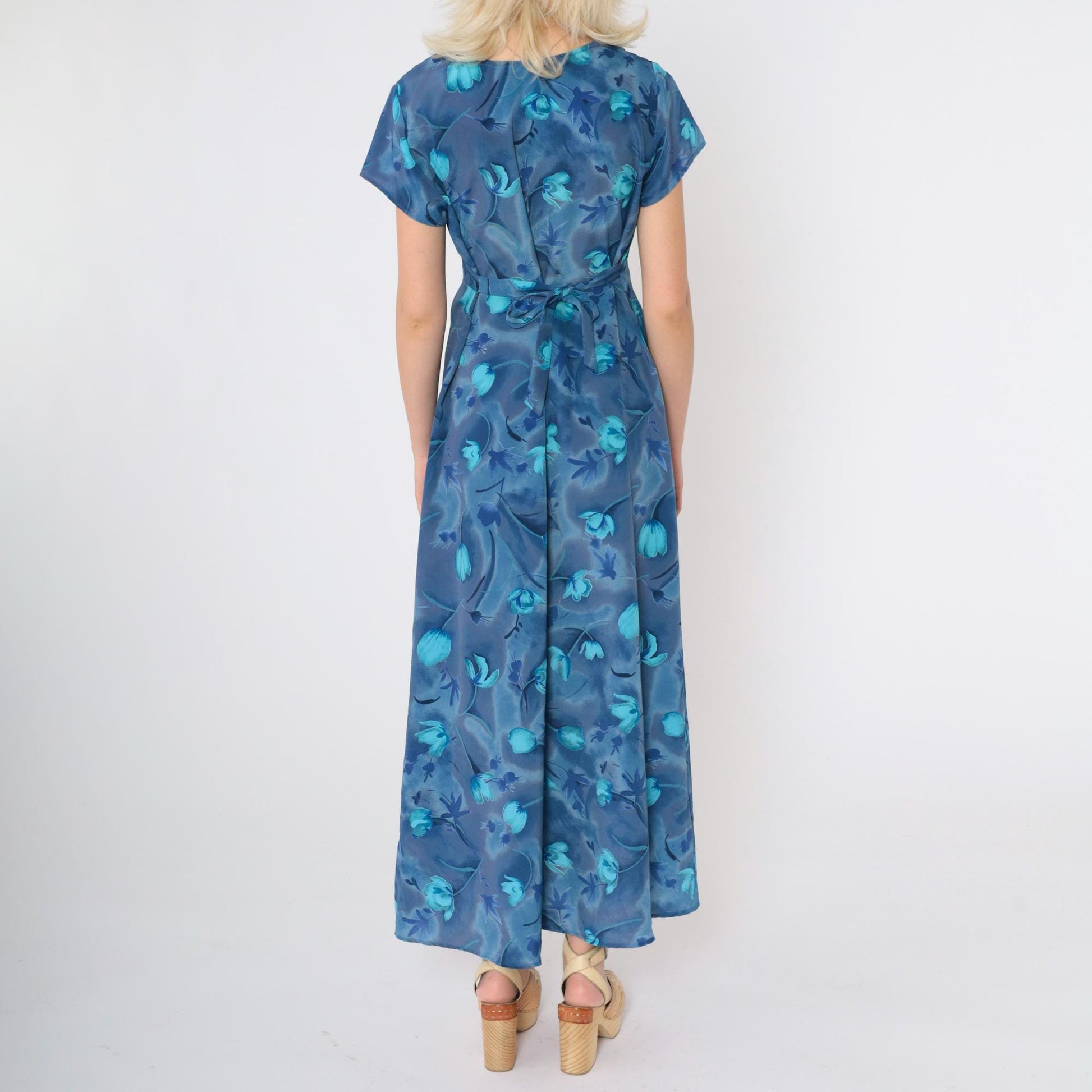 90s All That Jazz Blue Floral Empire Waist Maxi Dress Short Sleeve Medium