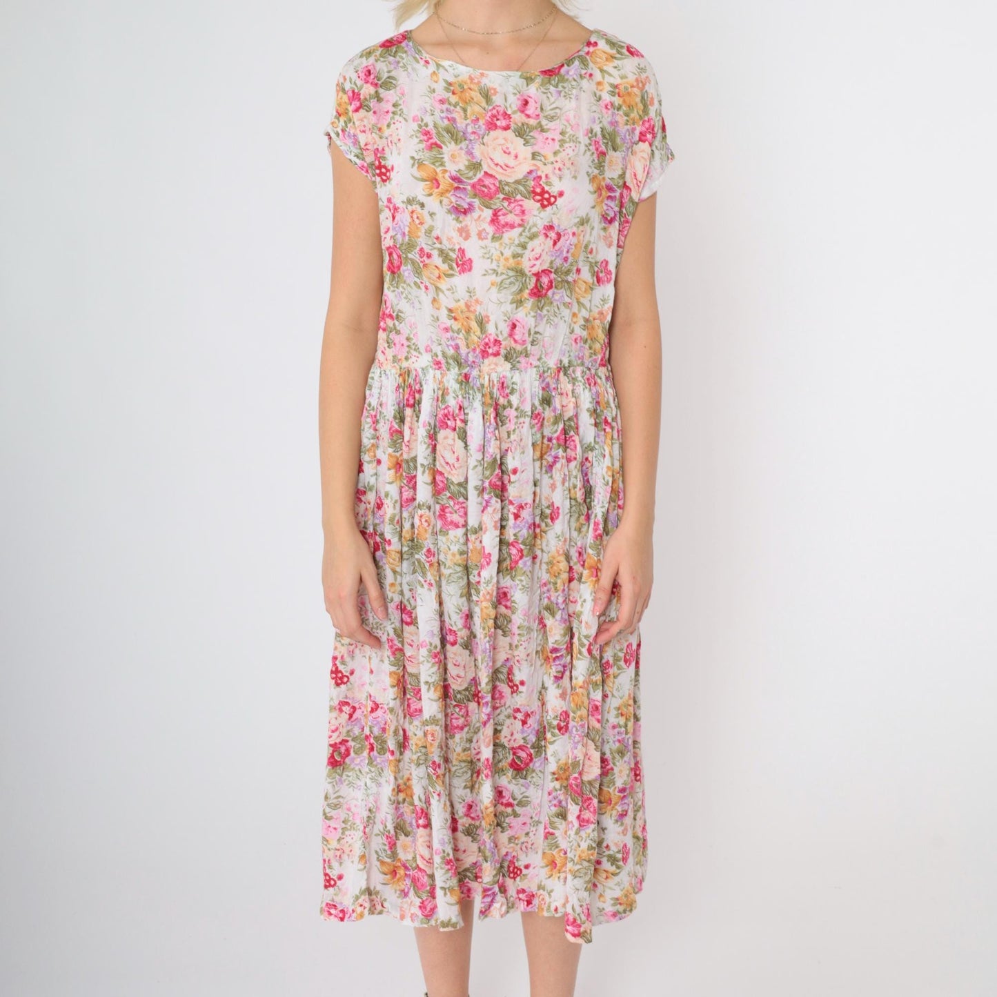 90s Bila Floral Midi Dress White Pink Yellow Green High Waist Medium M