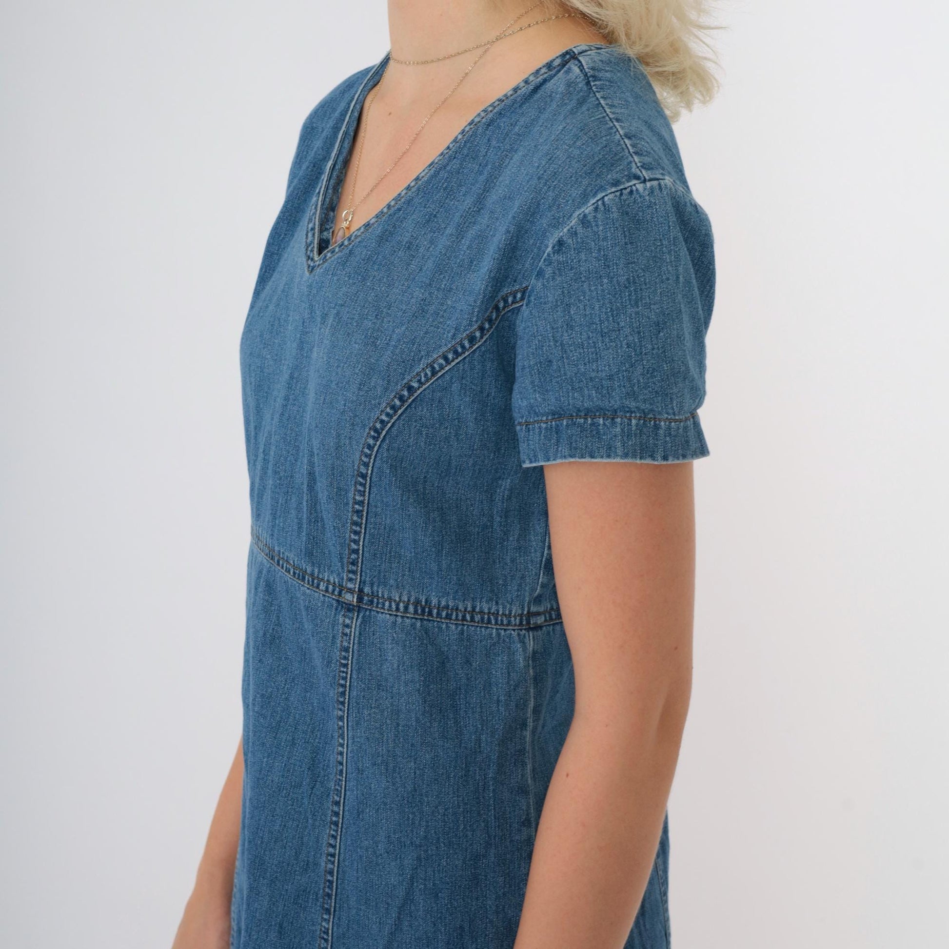 90s Laura Ashley Blue Denim Mini Dress Empire Waist V Neck Small 6