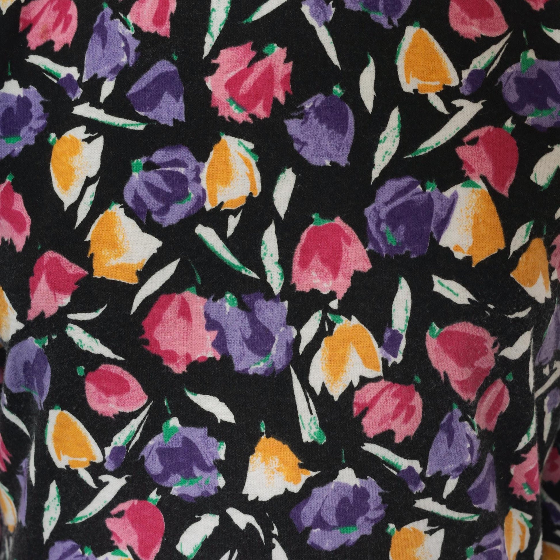 80s Black Floral Drop Waist Midi Dress Pink Yellow Purple 3/4 Sleeve Medium