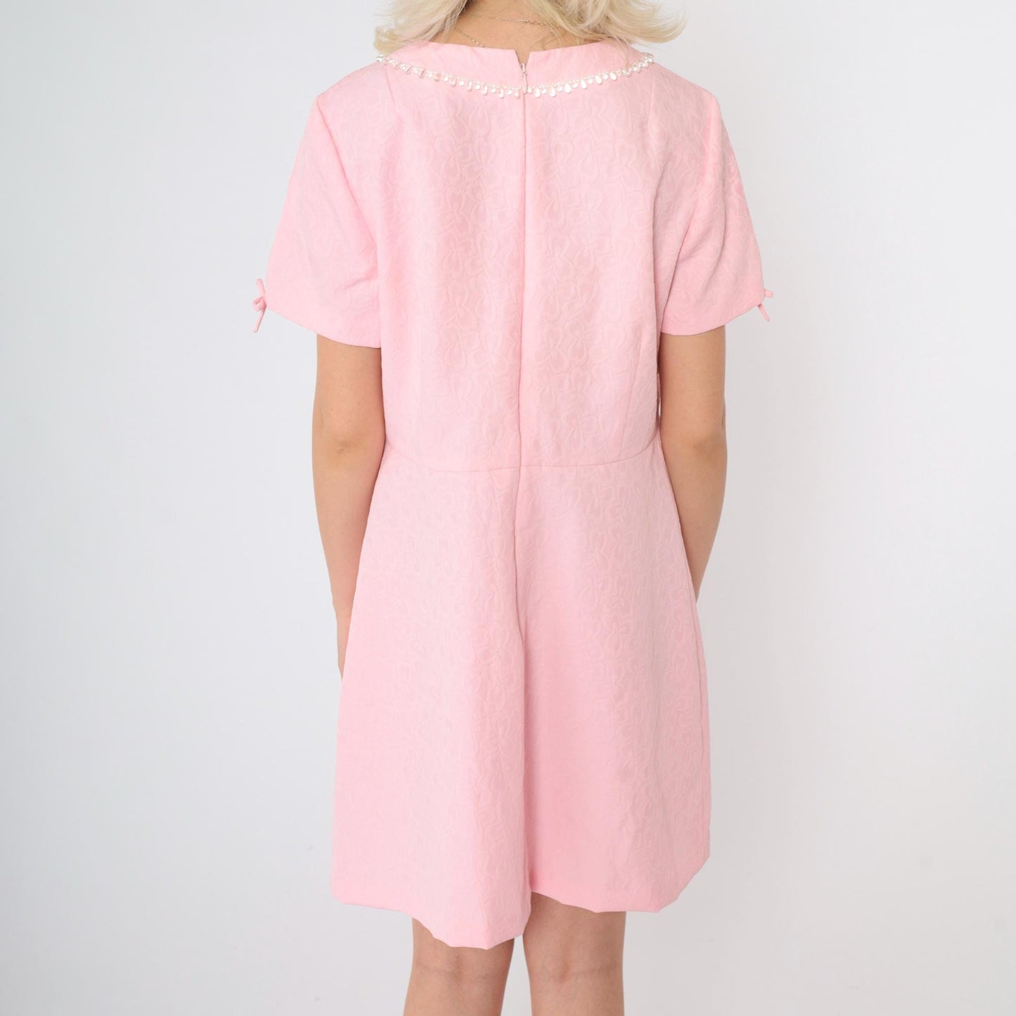 60s Pink Mod Shift Dress Iridescent Beaded Collar Floral Mini Medium Large