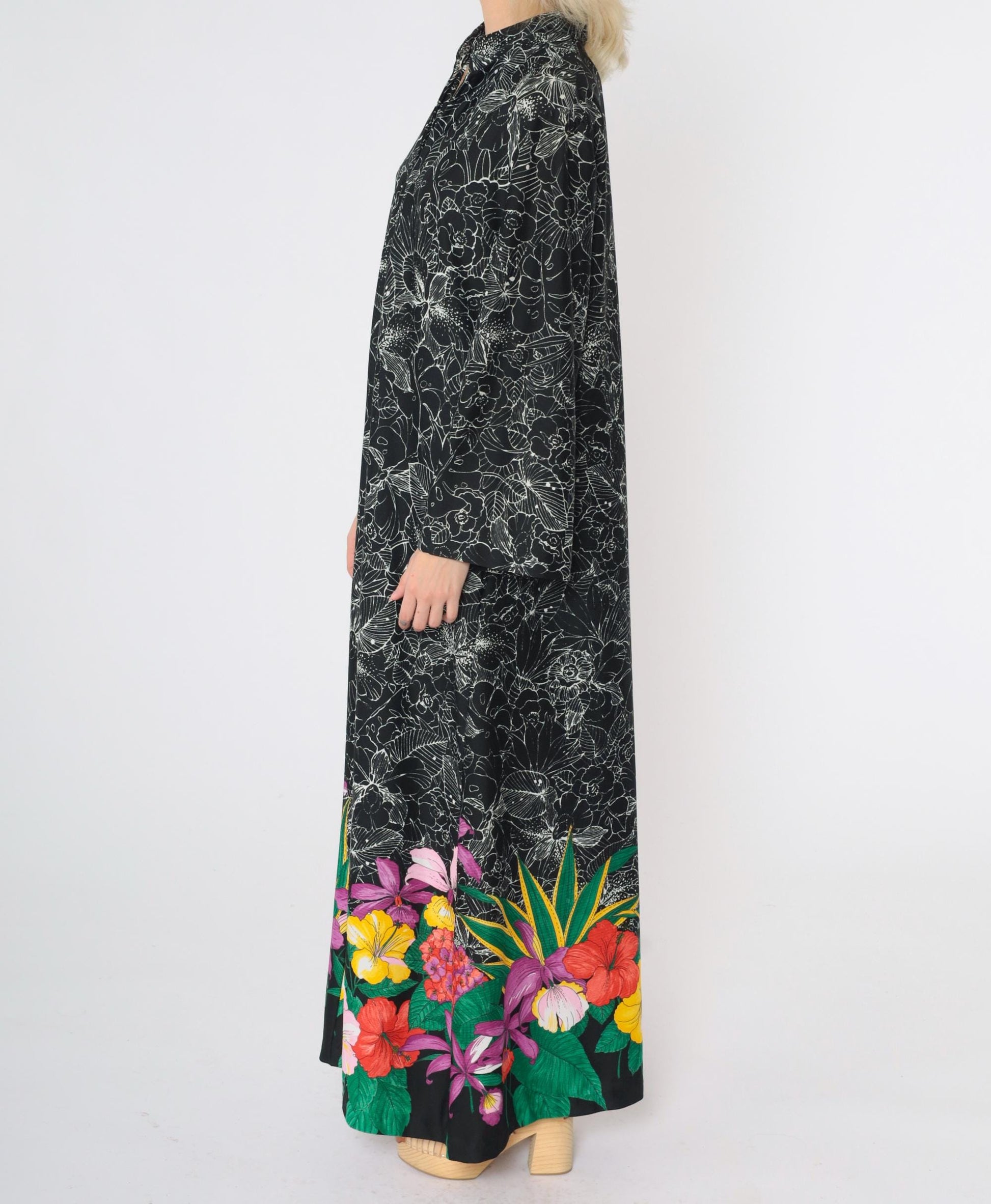 70s Black Floral Maxi Dress Hibiscus Print Front Zip Wide Sleeve Large L