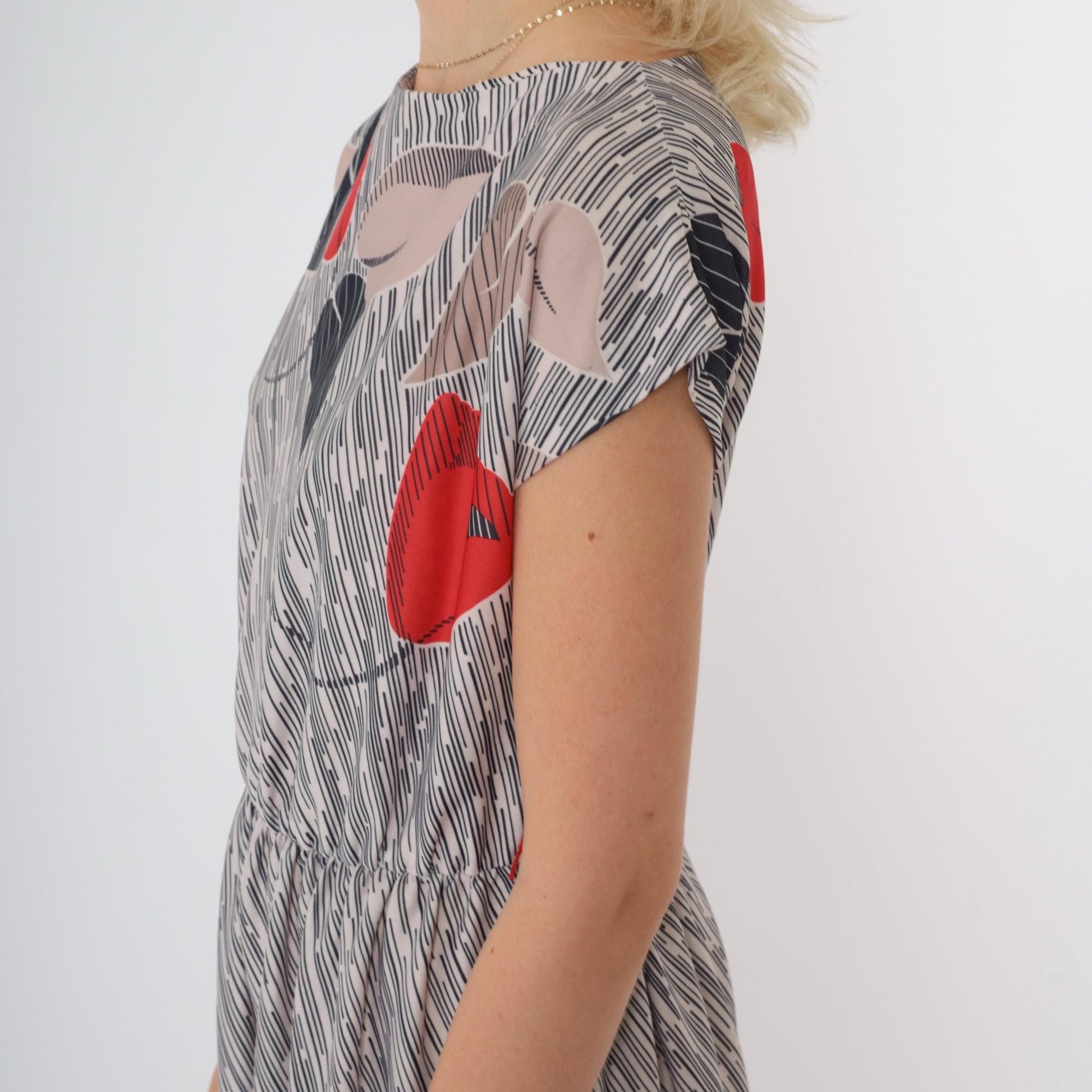 70s Floral Striped High-Waisted Dress Cap Sleeve Knee Length Small