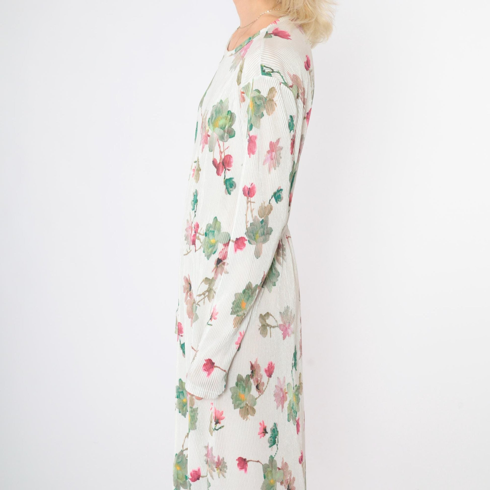 90s White Floral Maxi Dress High Elastic Waist Long Sleeve Ribbed Large L