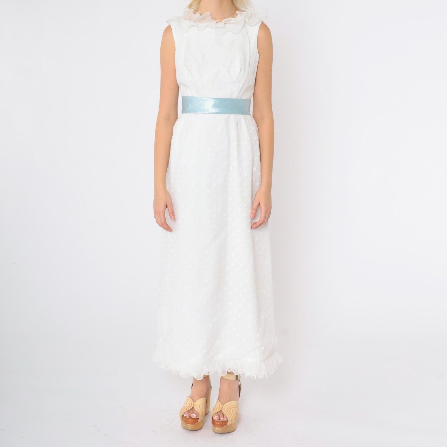 60s White Maxi Dress Flocked Polka Dot Empire Waist Satin Bow Extra Small