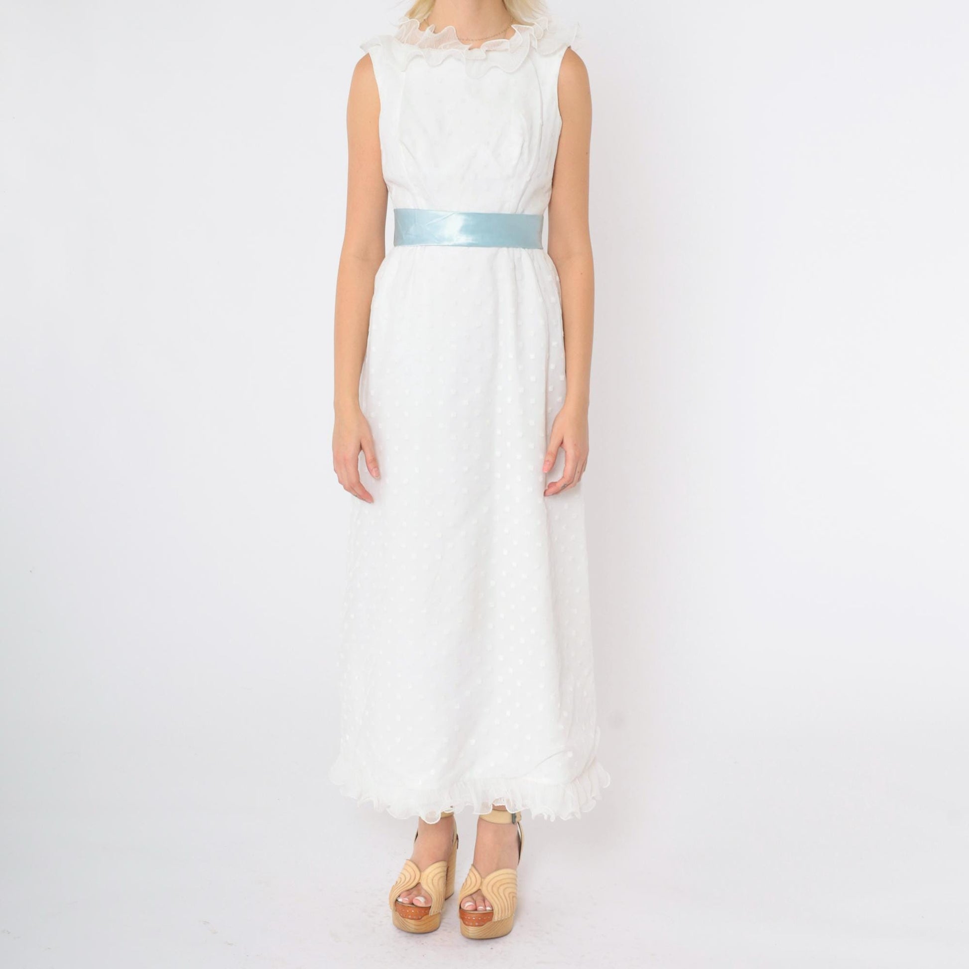 60s White Maxi Dress Flocked Polka Dot Empire Waist Satin Bow Extra Small