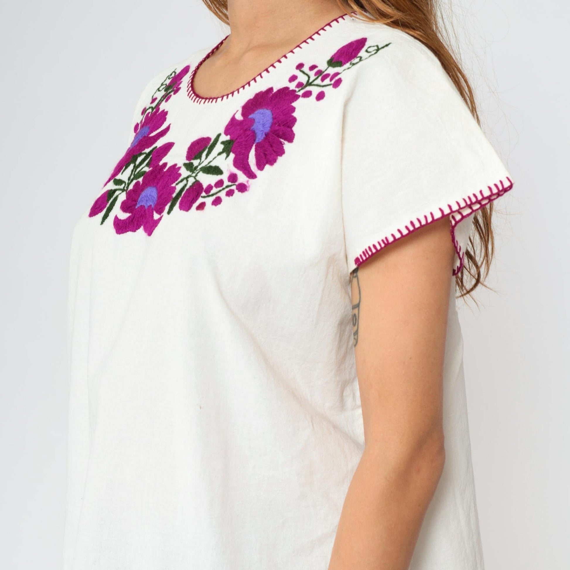 90s Mexican Embroidered Tunic Blouse White Purple Floral Large