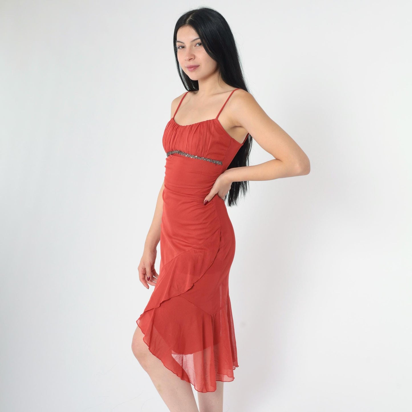 Y2K Ruby Rox Rust Midi Dress Ruched Spaghetti Strap Bodycon Asymmetrical Small