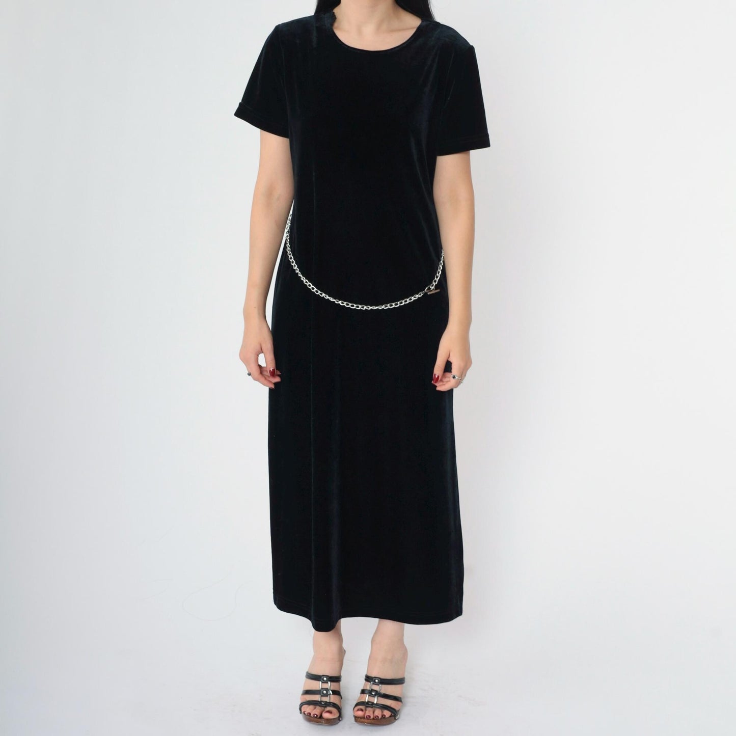 90s Ronni Nicole Black Velvet Midi Dress Chain Belt Side Slit Medium Petite