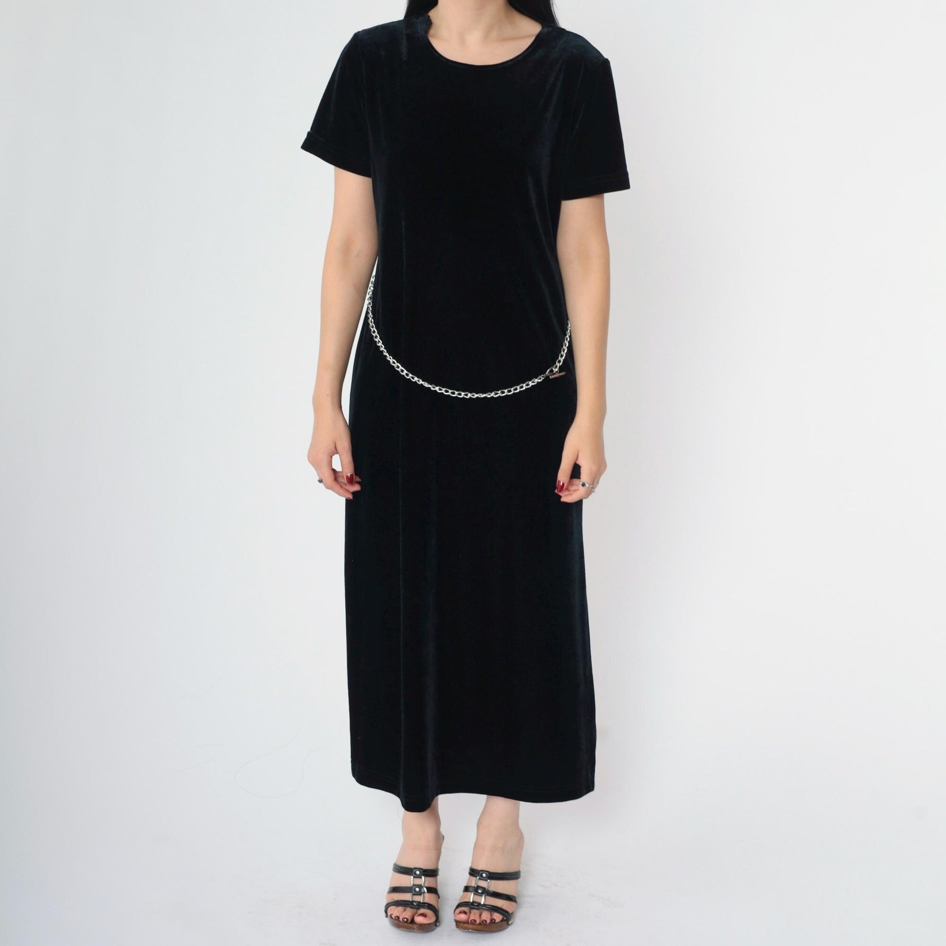 90s Ronni Nicole Black Velvet Midi Dress Chain Belt Side Slit Medium Petite