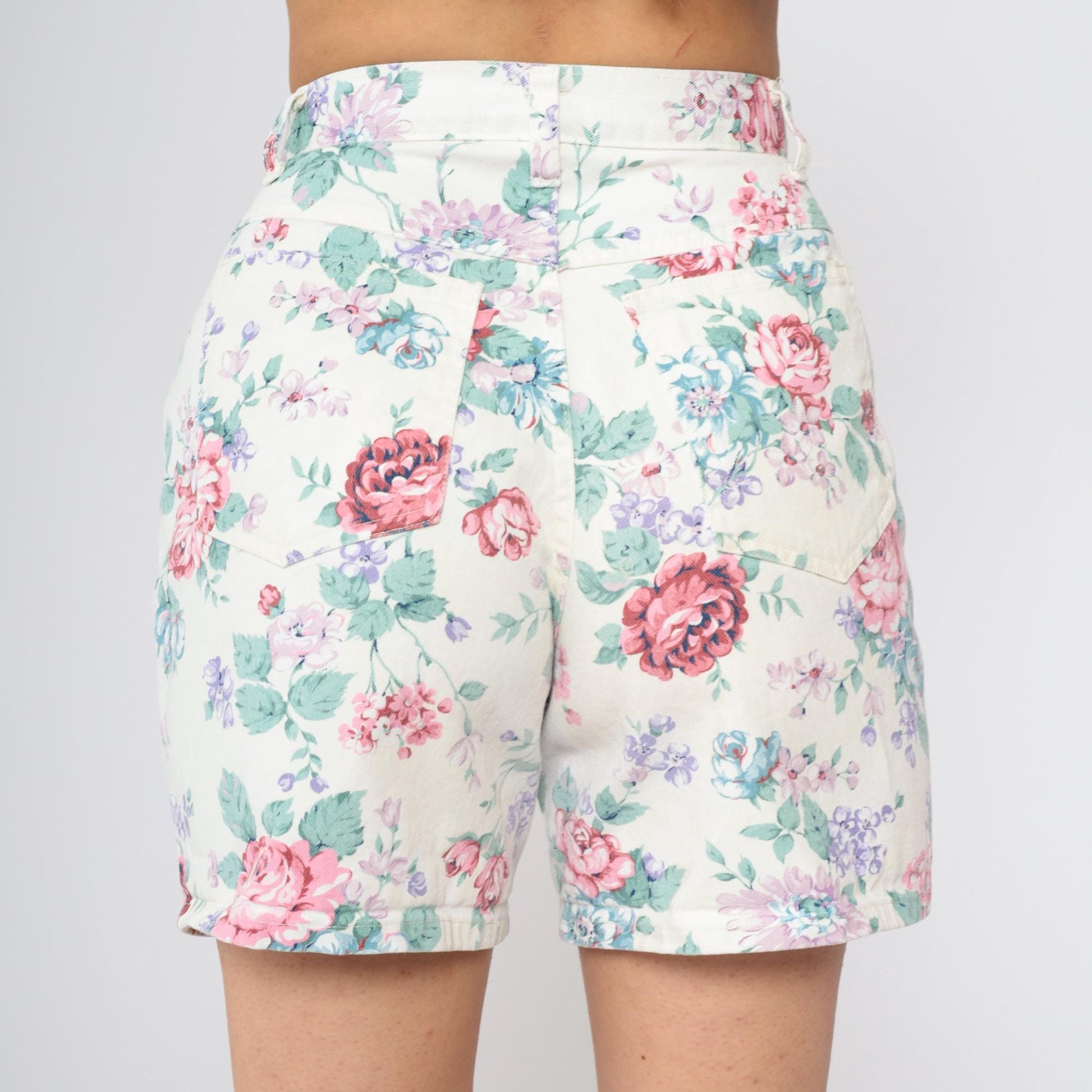 90s Floral Denim Shorts White High Waist Pink Purple Rose Print Small