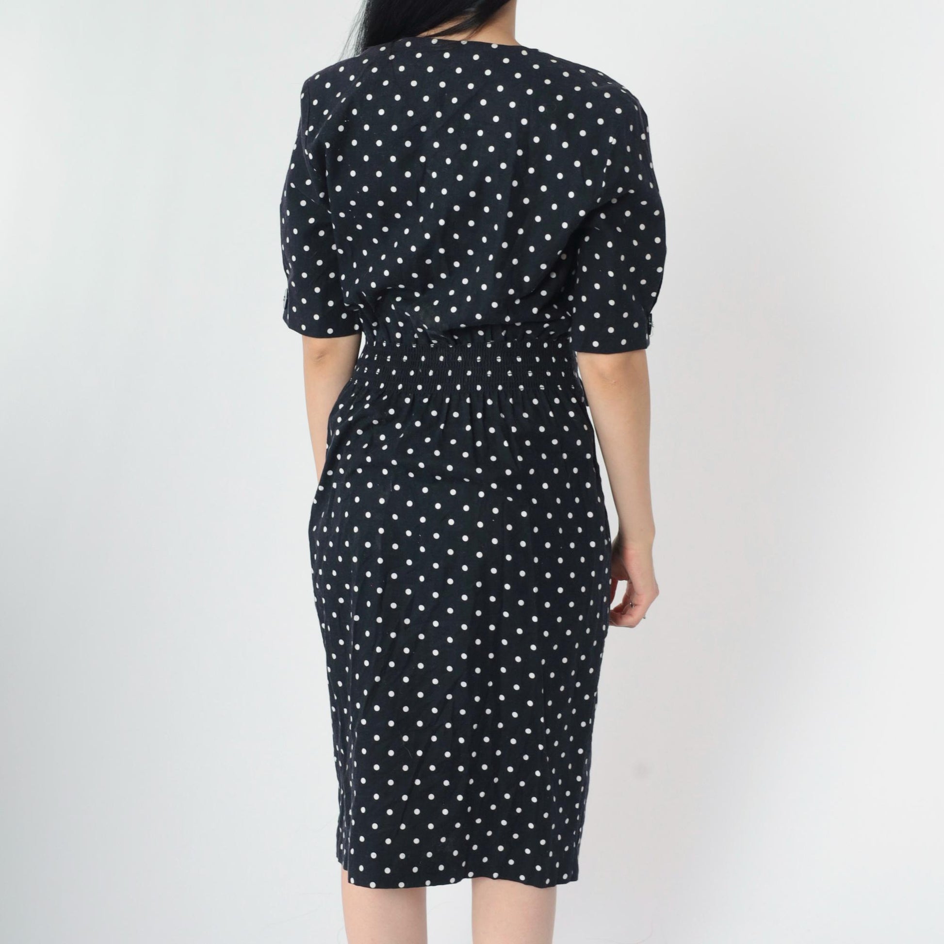 90s Black Polka Dot Midi Dress Button-Up Cotton High Waist Medium