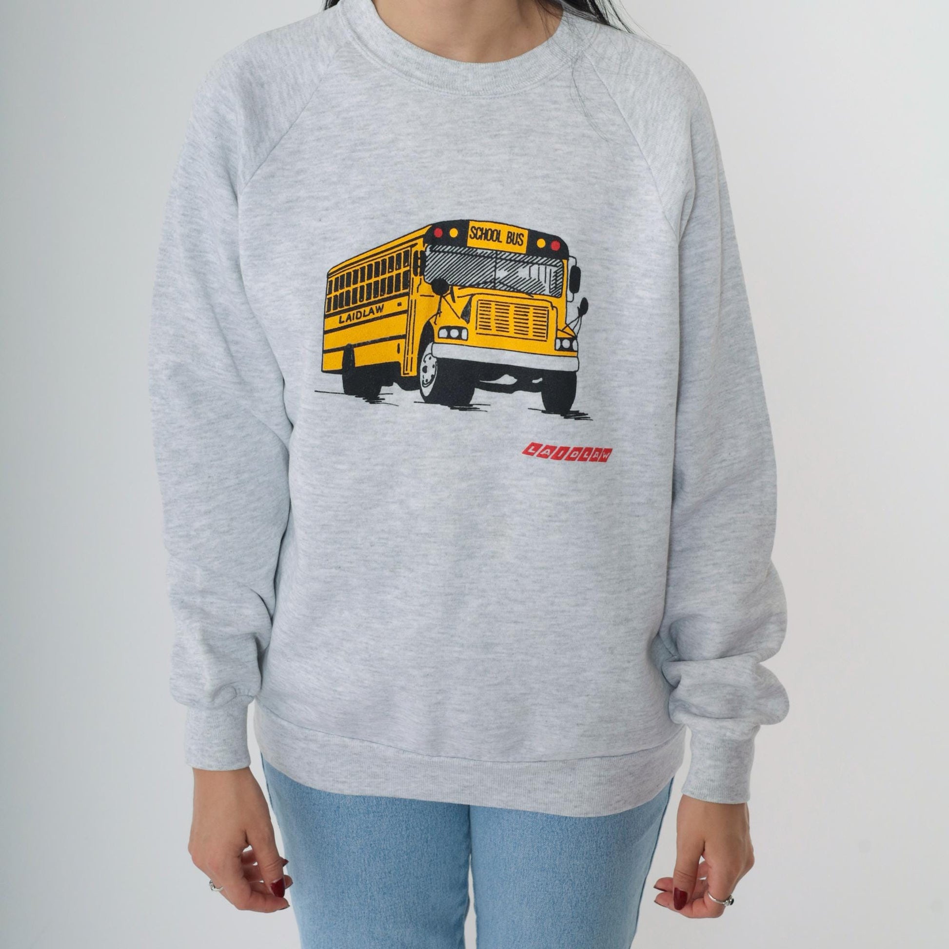 90s Jerzees Laidlaw School Bus Graphic Sweatshirt Grey Crewneck Medium
