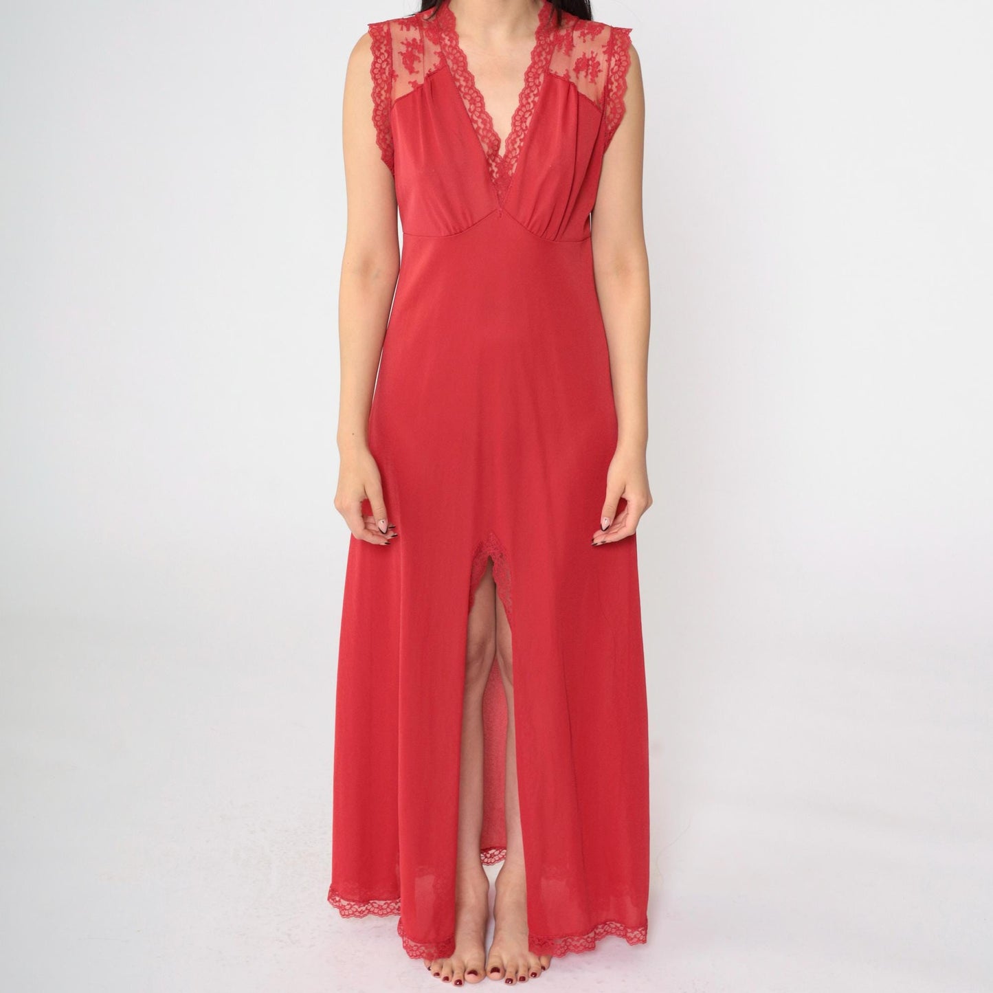 80s Gossard Artemis Red Lace Nightgown Maxi Deep V Open Back Medium
