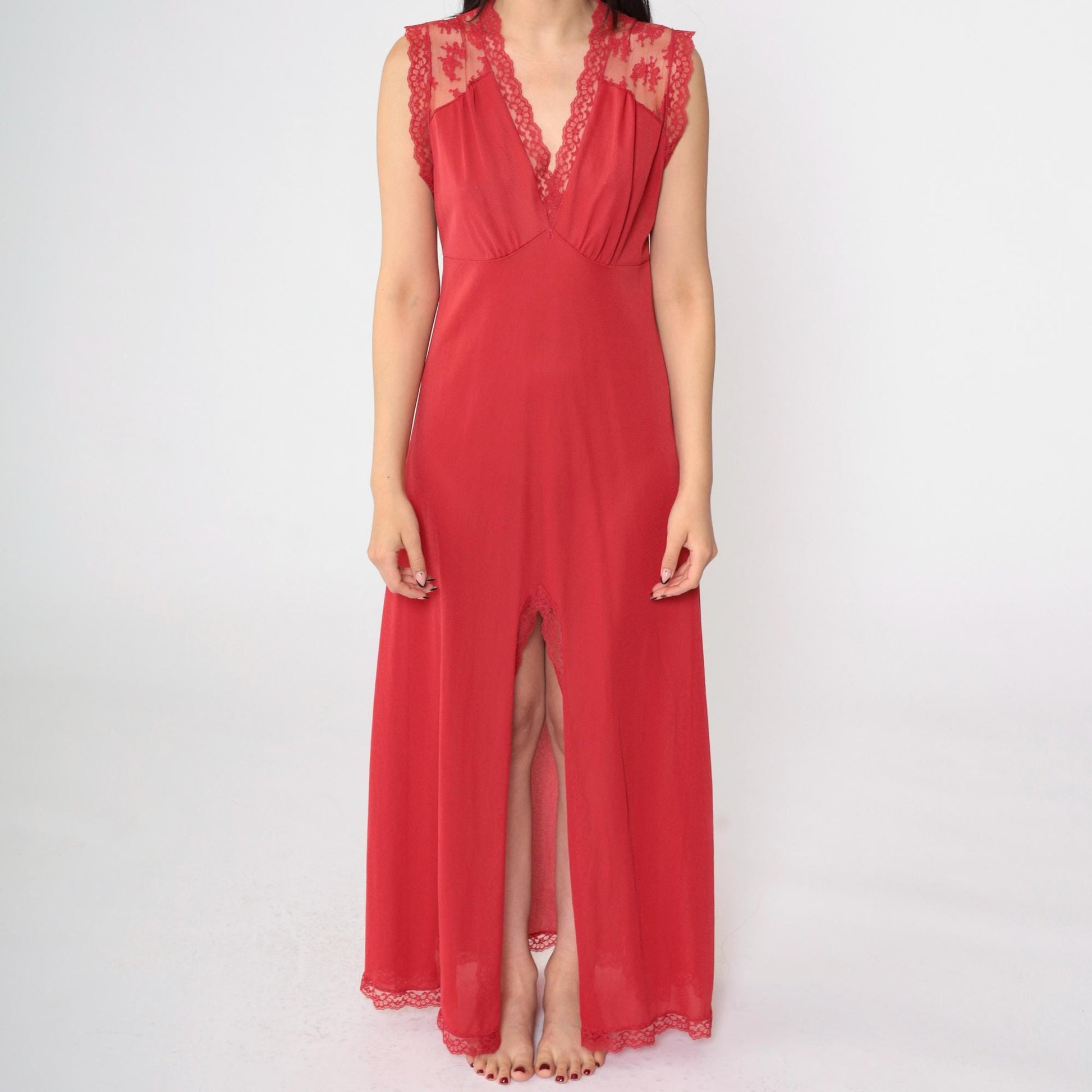 80s Gossard Artemis Red Lace Nightgown Maxi Deep V Open Back Medium