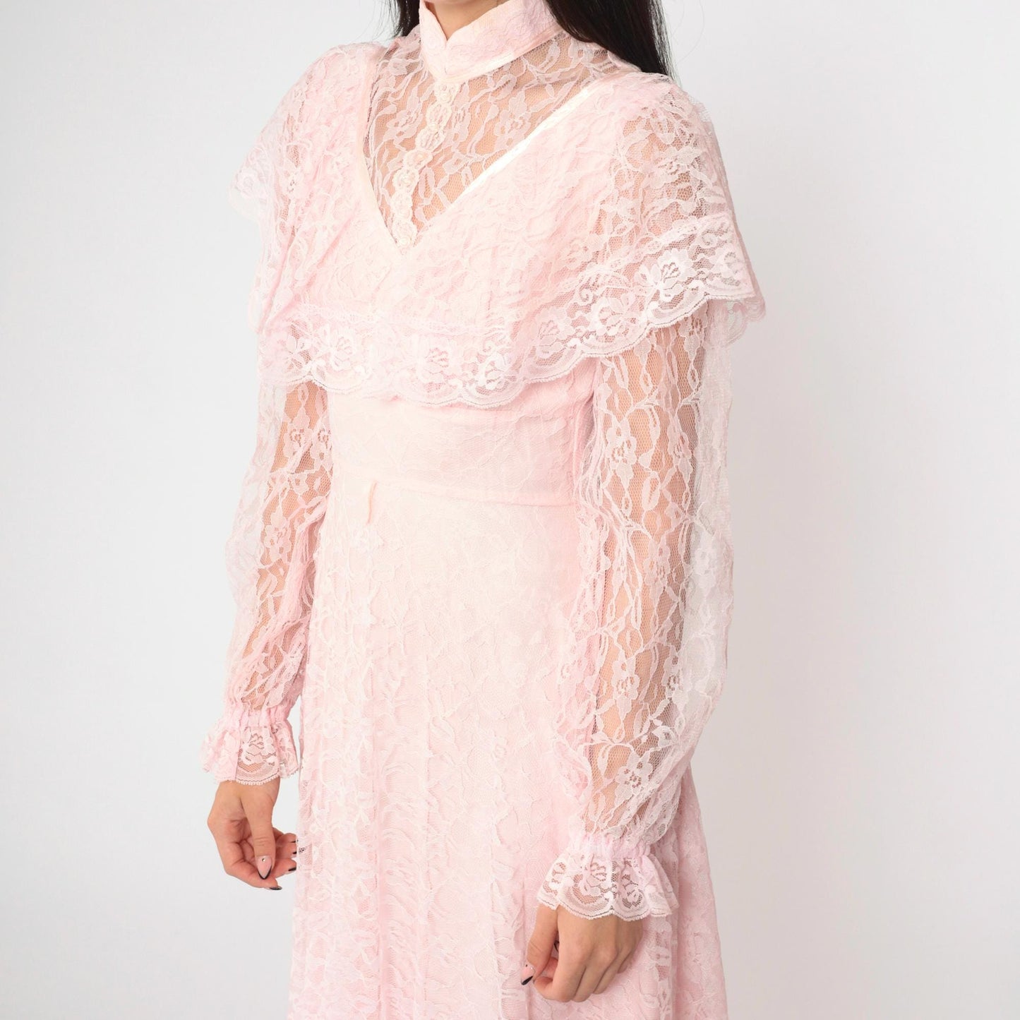70s Pink Lace Maxi Gown High Neck Sheer Yoke Capelet Tiered Skirt Extra Small