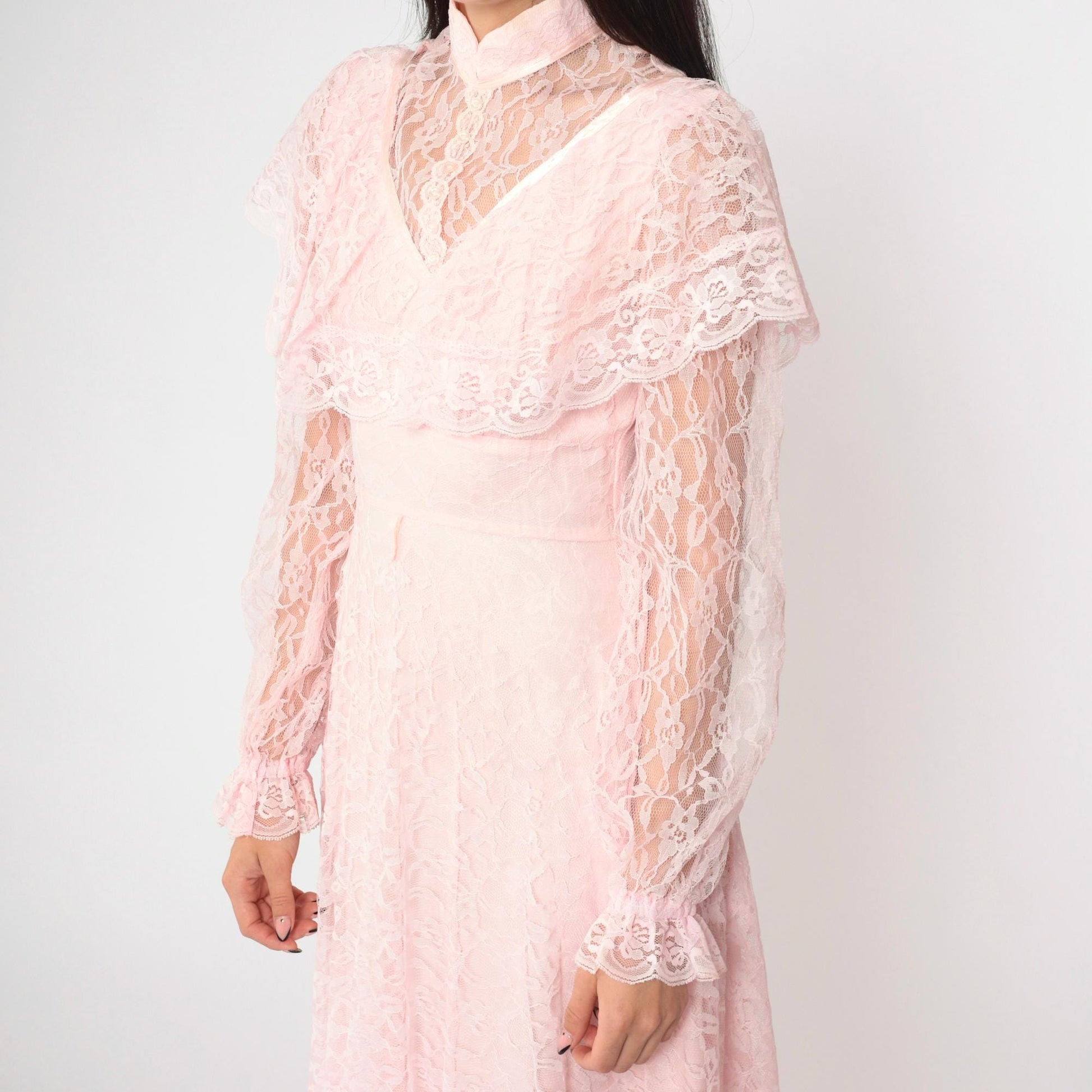 70s Pink Lace Maxi Gown High Neck Sheer Yoke Capelet Tiered Skirt Extra Small
