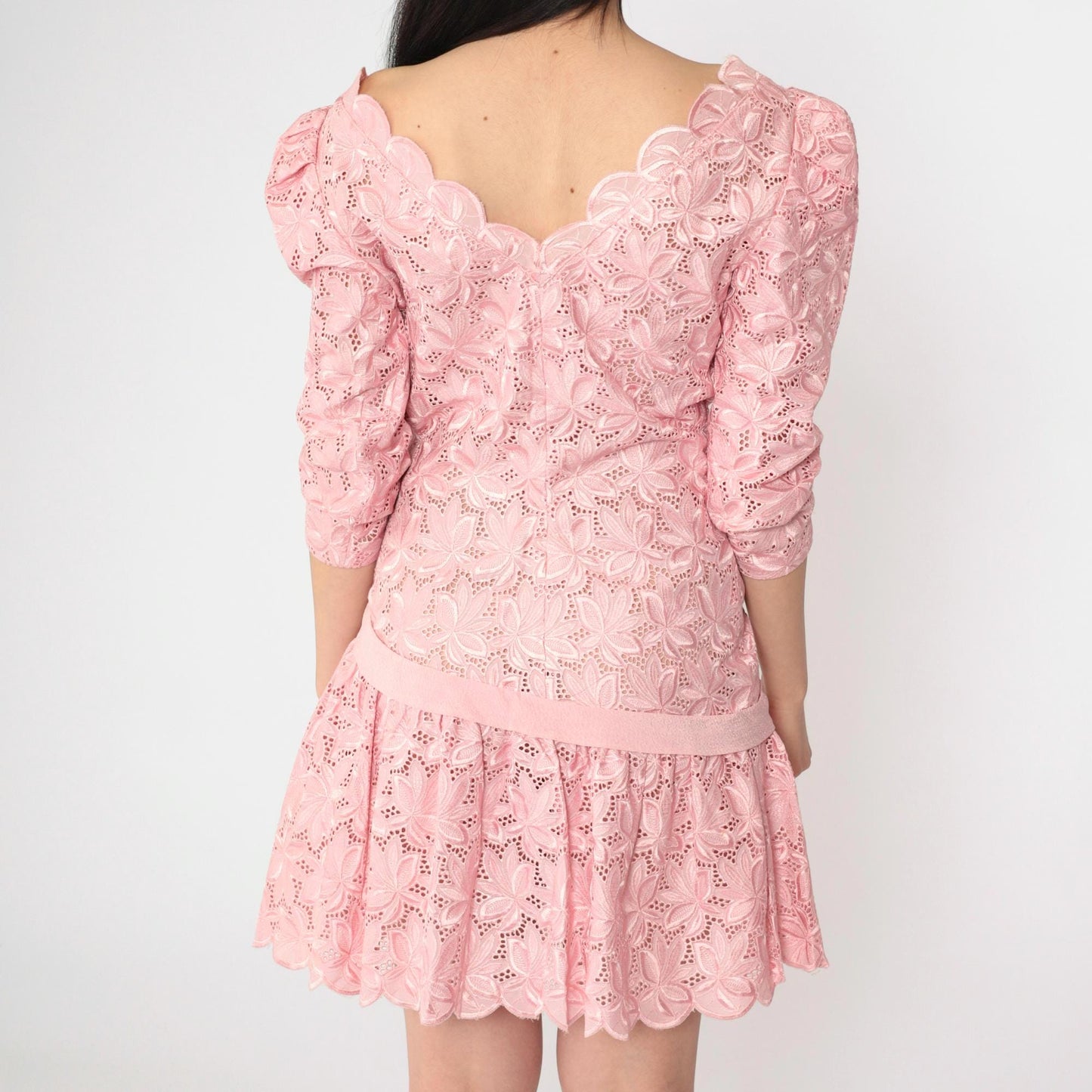 80s Baby Pink Lace Mini Dress Puff Sleeve Drop Waist Bow Extra Small