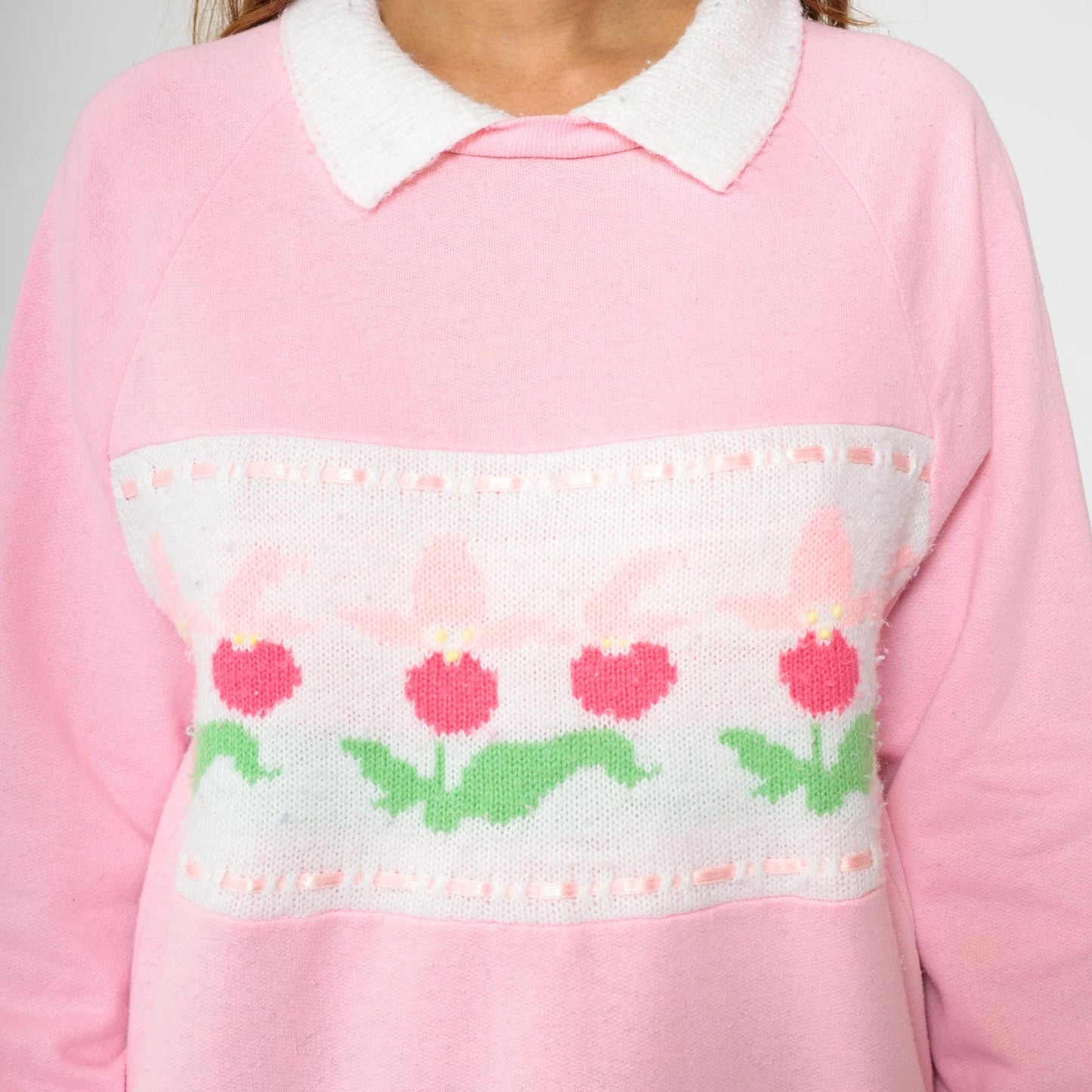 90s Pink Floral Knit Sweatshirt White Collar Raglan Pullover Medium