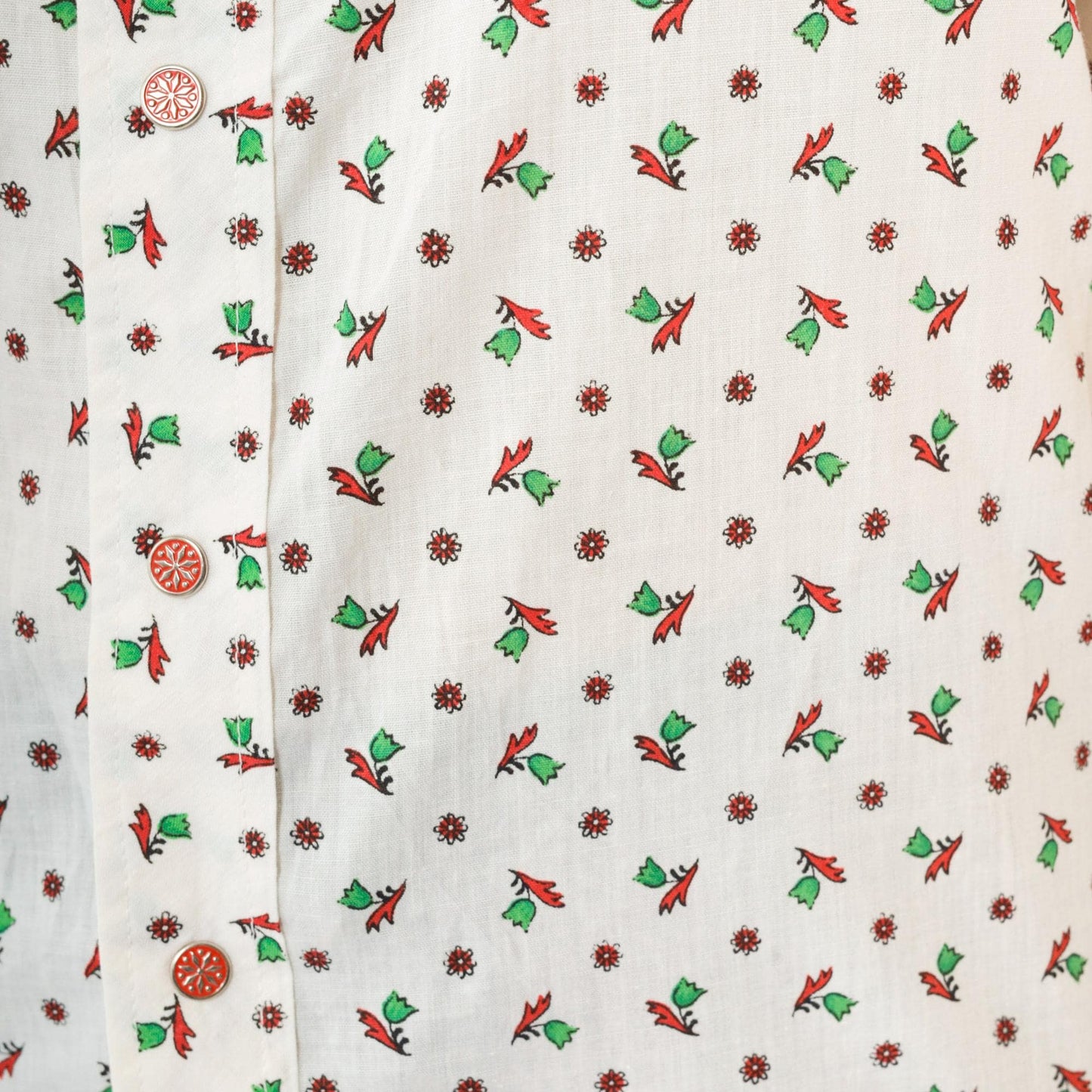 70s Floral Western Shirt White Green Red Piping Button Up Men's Medium