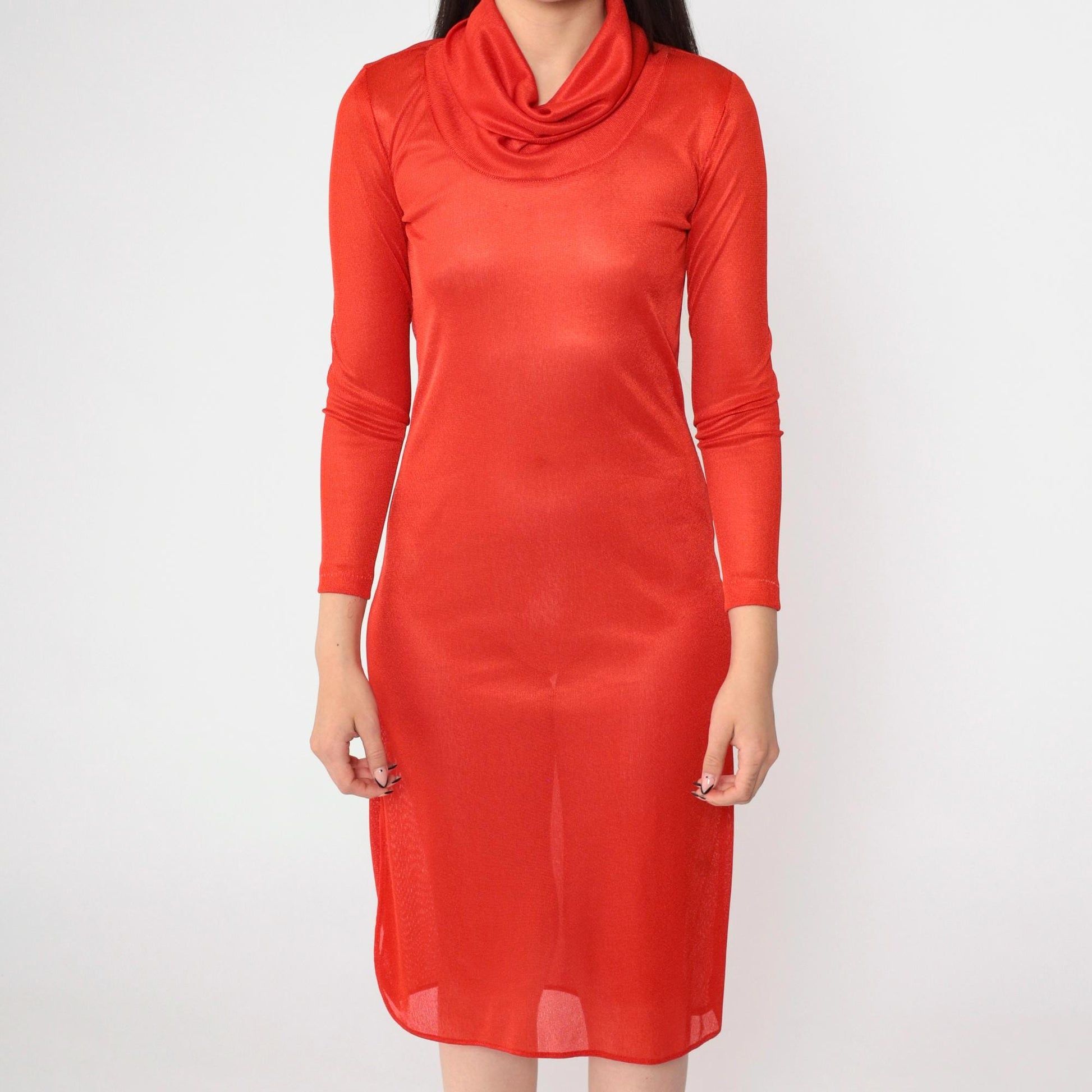 70s Red Sheer Cowl Neck Midi Dress Long Sleeve Bodycon Side Slit Small