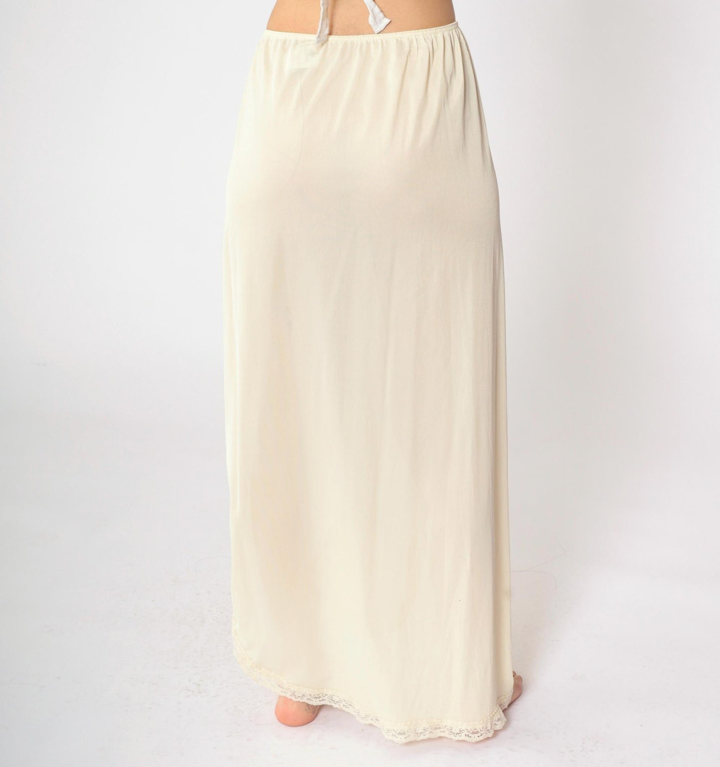 80s Cream Nylon Maxi Slip Skirt Lace Trim Side Slit Small S