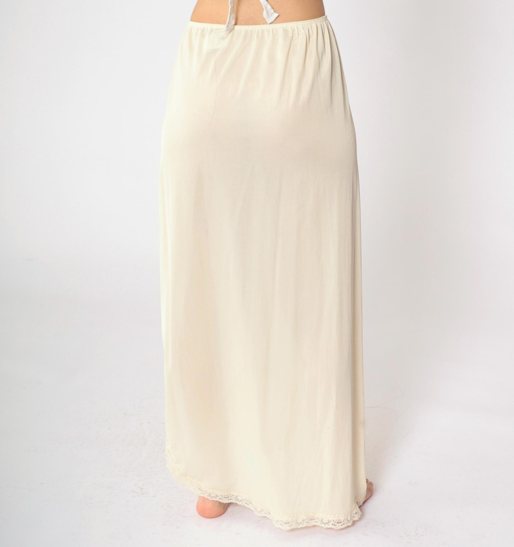 80s Cream Nylon Maxi Slip Skirt Lace Trim Side Slit Small S
