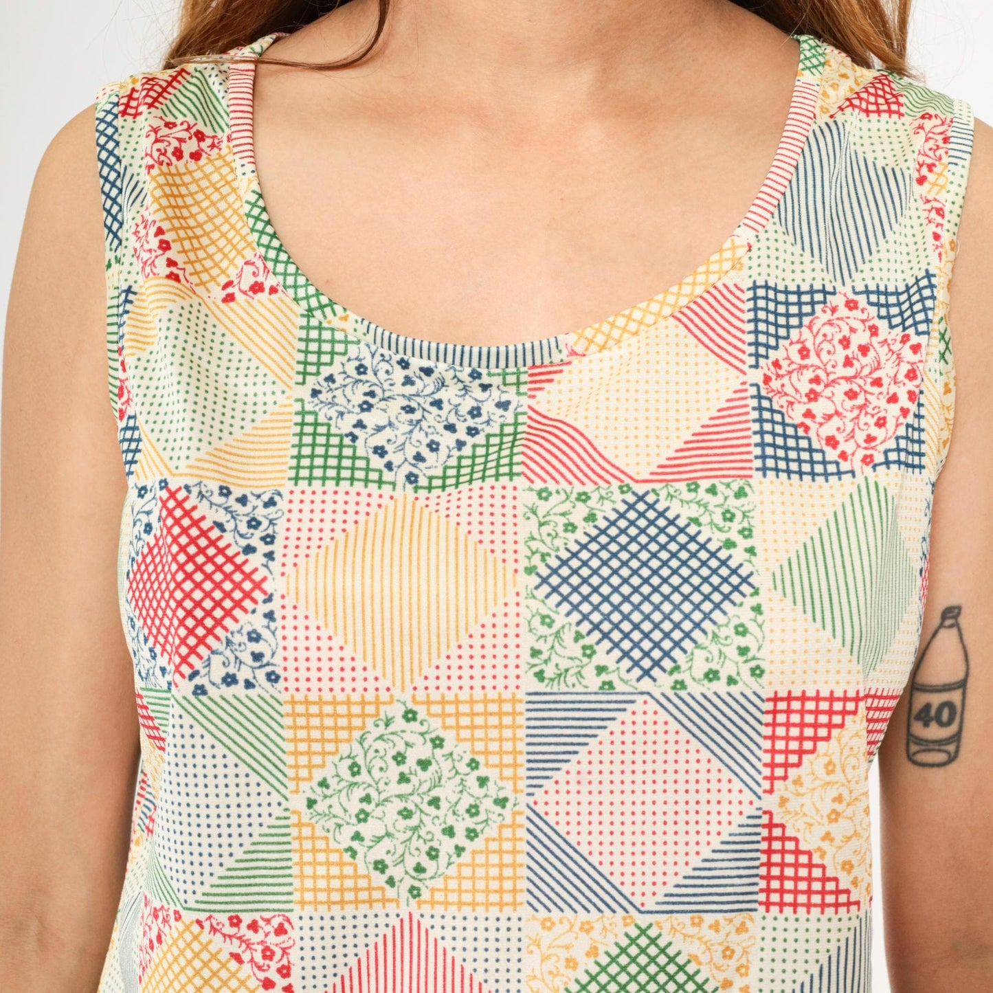 70s Patchwork Floral Tank Top Checkered Print Sleeveless Medium Large