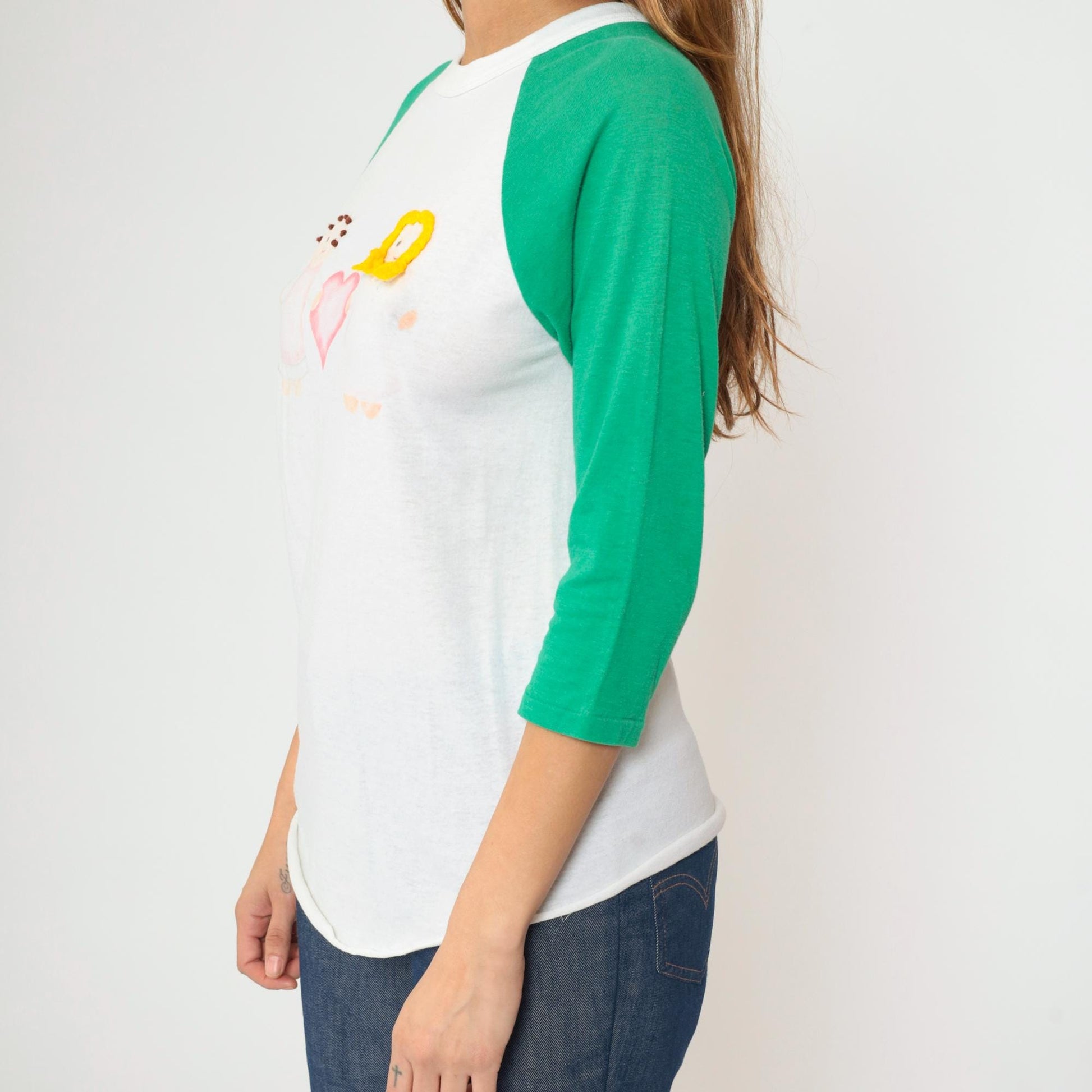 80s Raglan Baseball Tee White Green Doll Heart Graphic Small